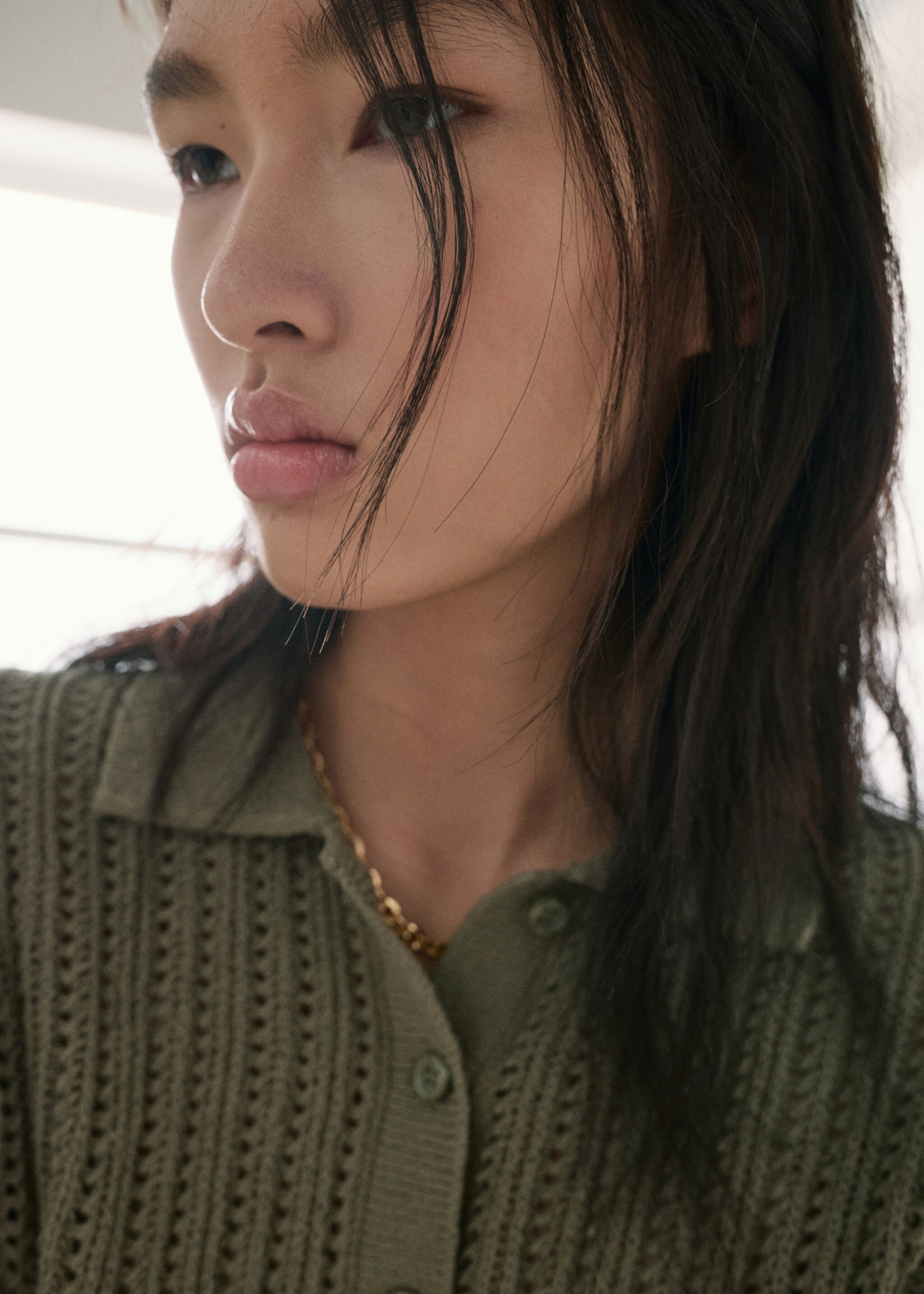 Openwork knitted polo-neck sweater - Details of the article 1, Khaki. Ref: 27047138-00.