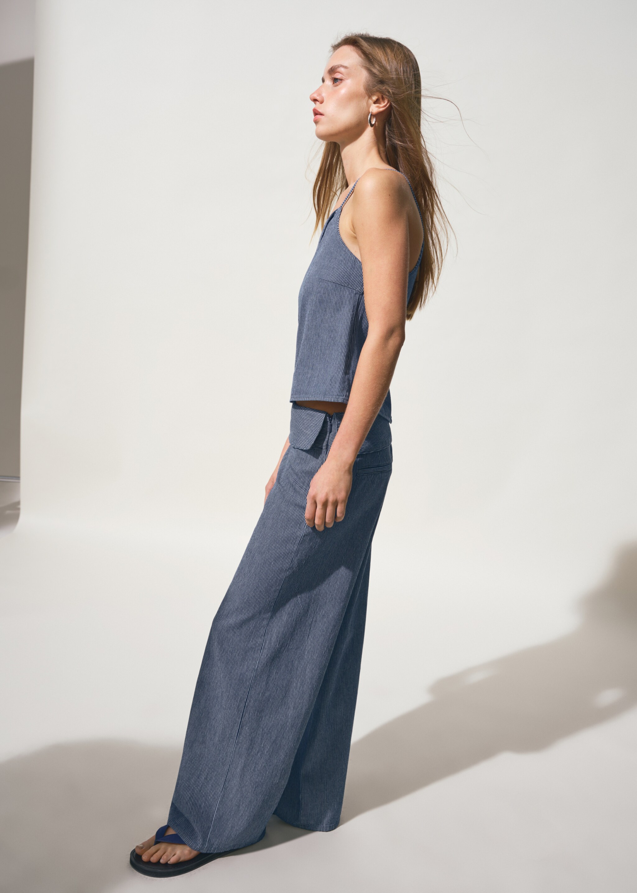 Wide leg striped jeans with rolled-up waist - Medium plane, Dark Blue. Ref: 27047139-00.