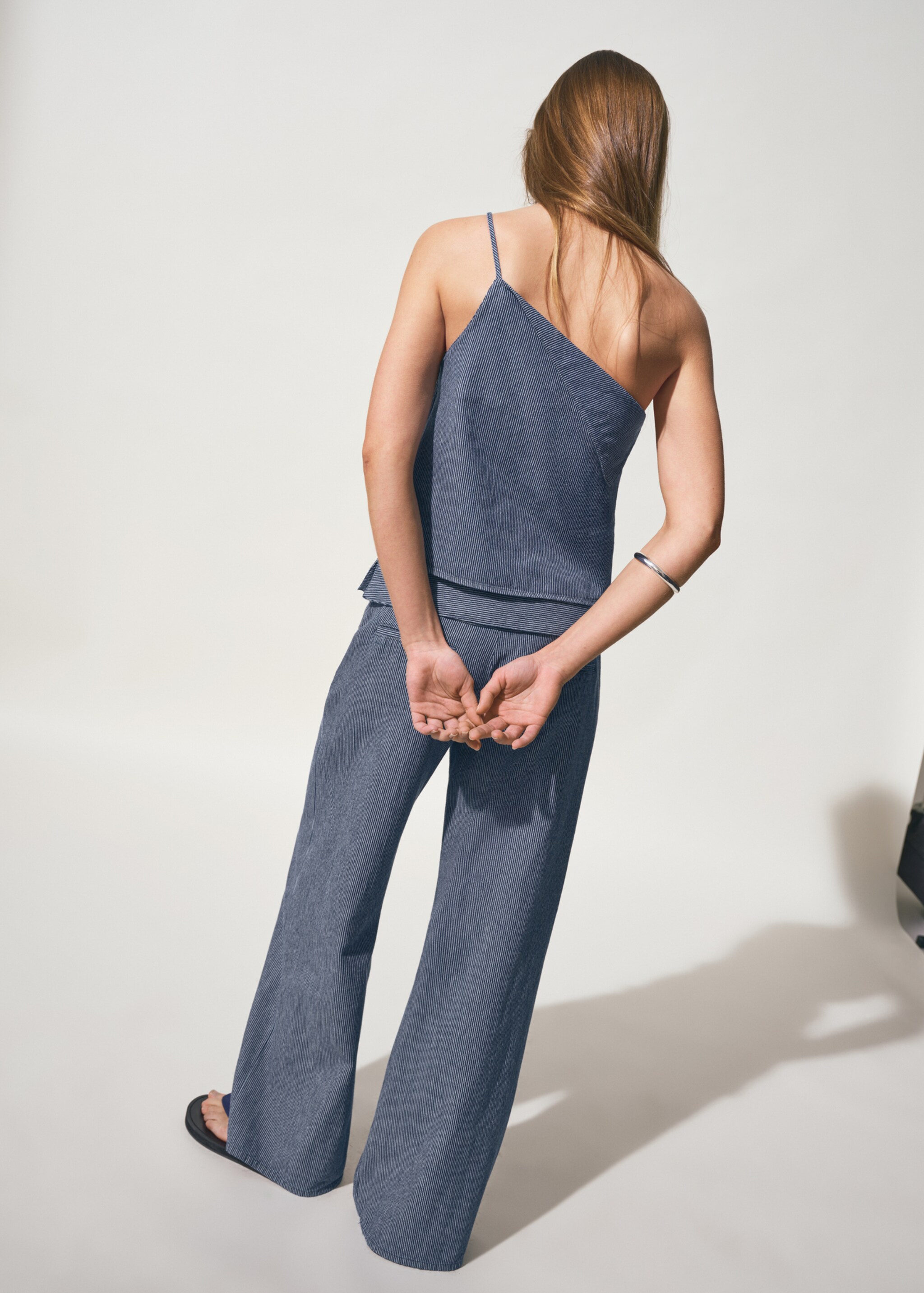 Wide leg striped jeans with rolled-up waist - Reverse of the article, Dark Blue. Ref: 27047139-00.