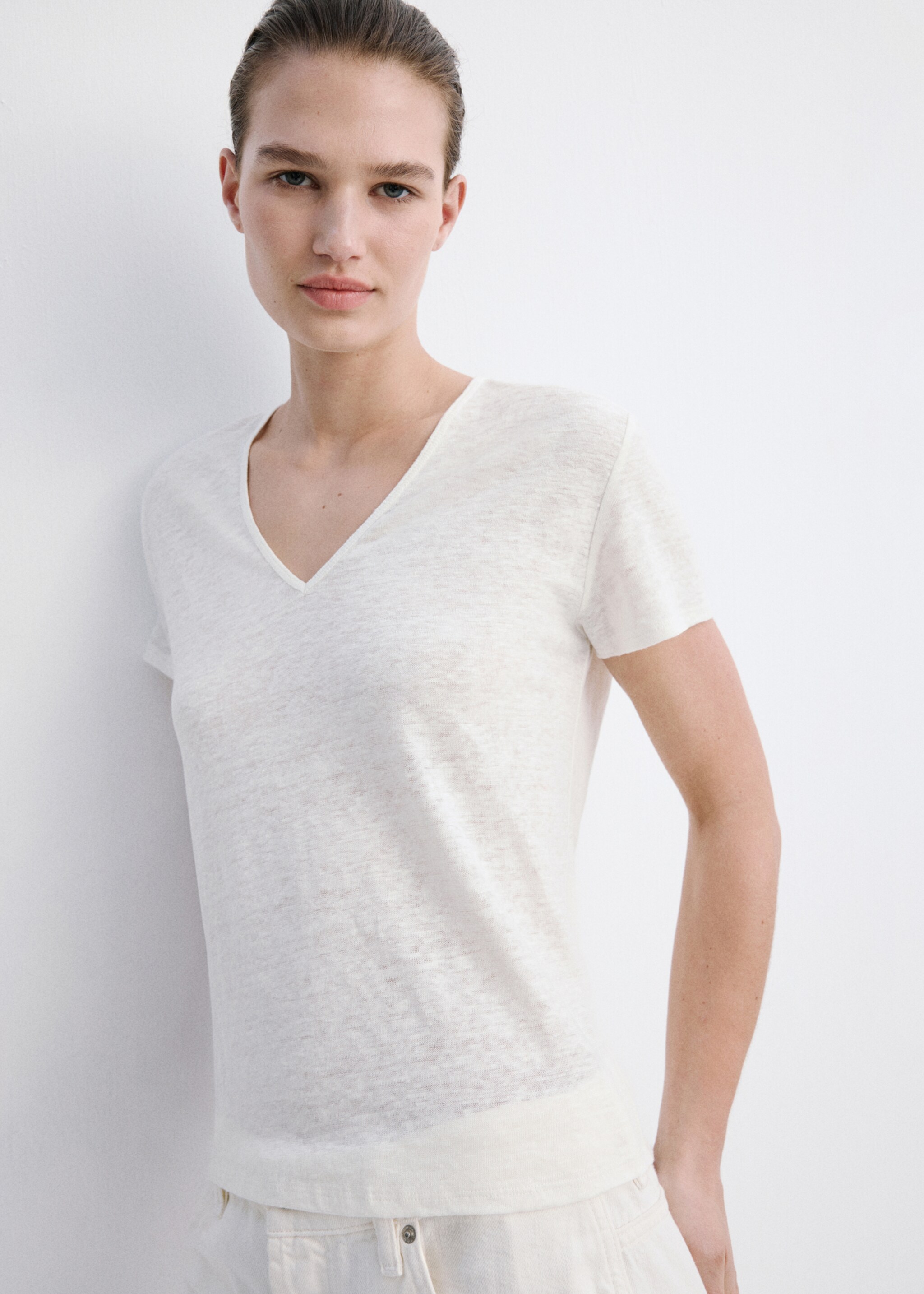 Linen-blend crop T-shirt - Medium plane, Off White. Ref: 27047153-00.