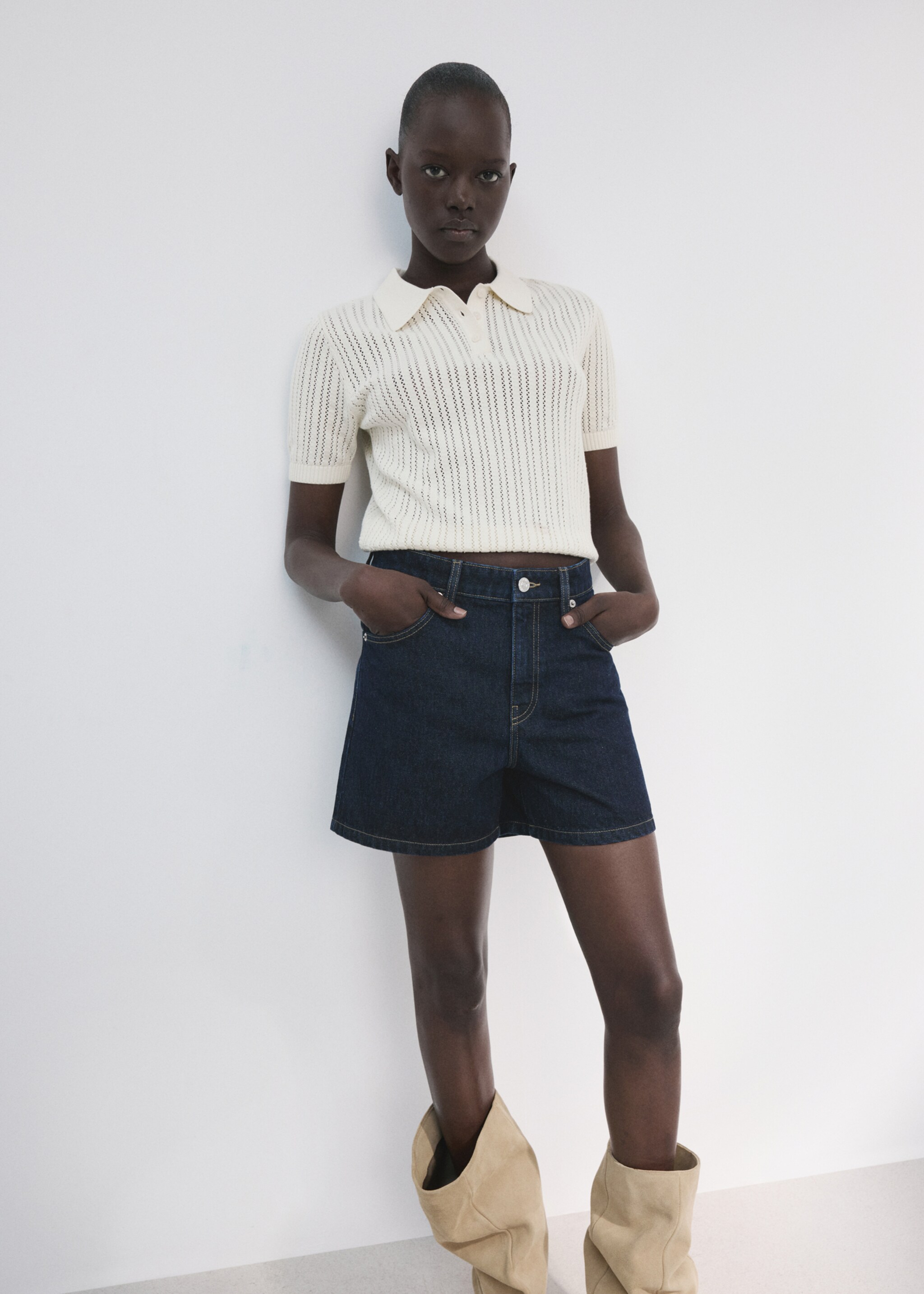 شورتات دنيم مستقيمة بخصر عالي - تفاصيل المنتج 2, أزراق ناصع. Ref: 27047162-00.