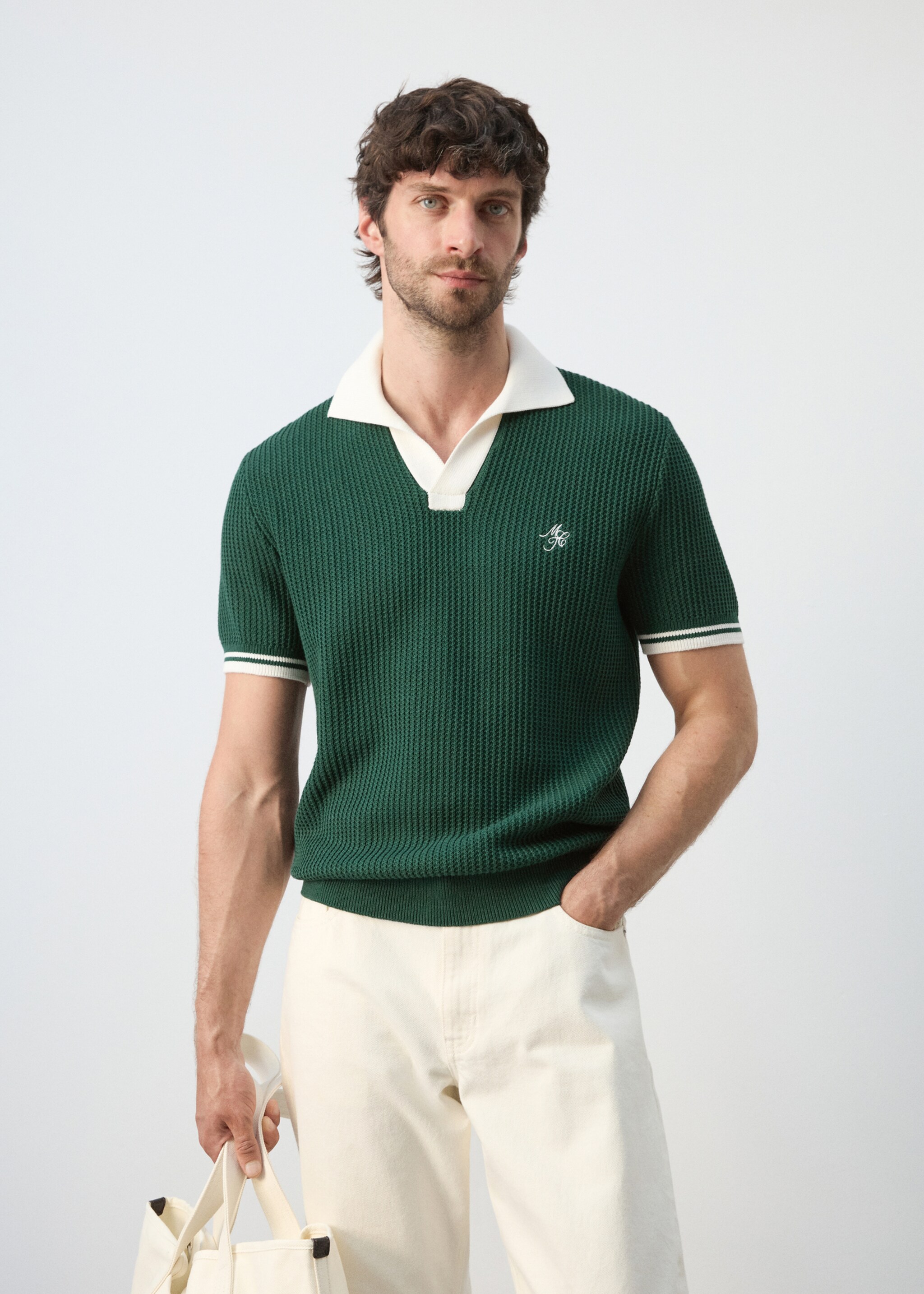 Cotton structured polo shirt - Medium plane, Dark Green. Ref: 27047790-00.