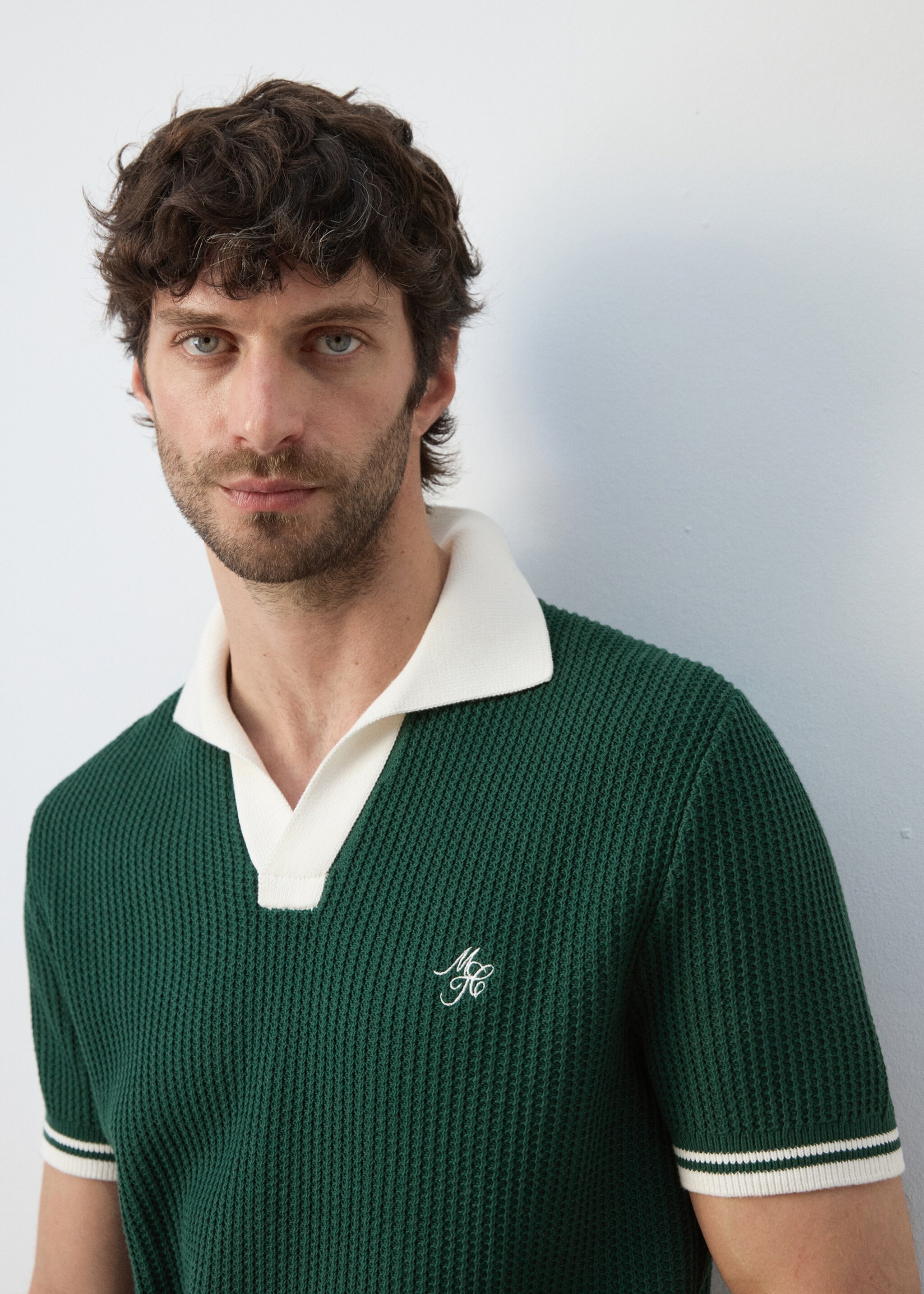 Cotton structured polo shirt - Details of the article 1, Dark Green. Ref: 27047790-00.