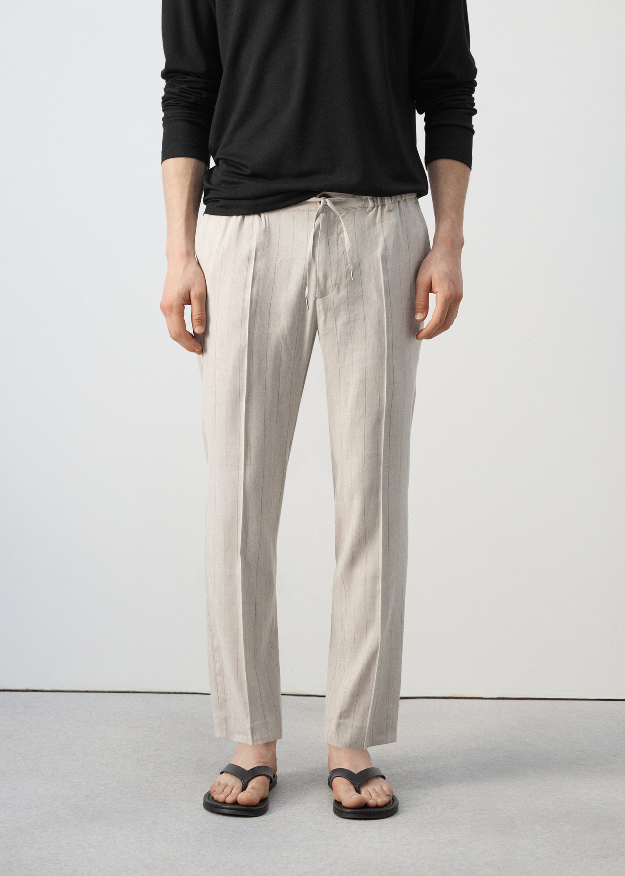 Pantalón slim fit lino cordón - Plano medio, Beige. Ref: 27047896-00.