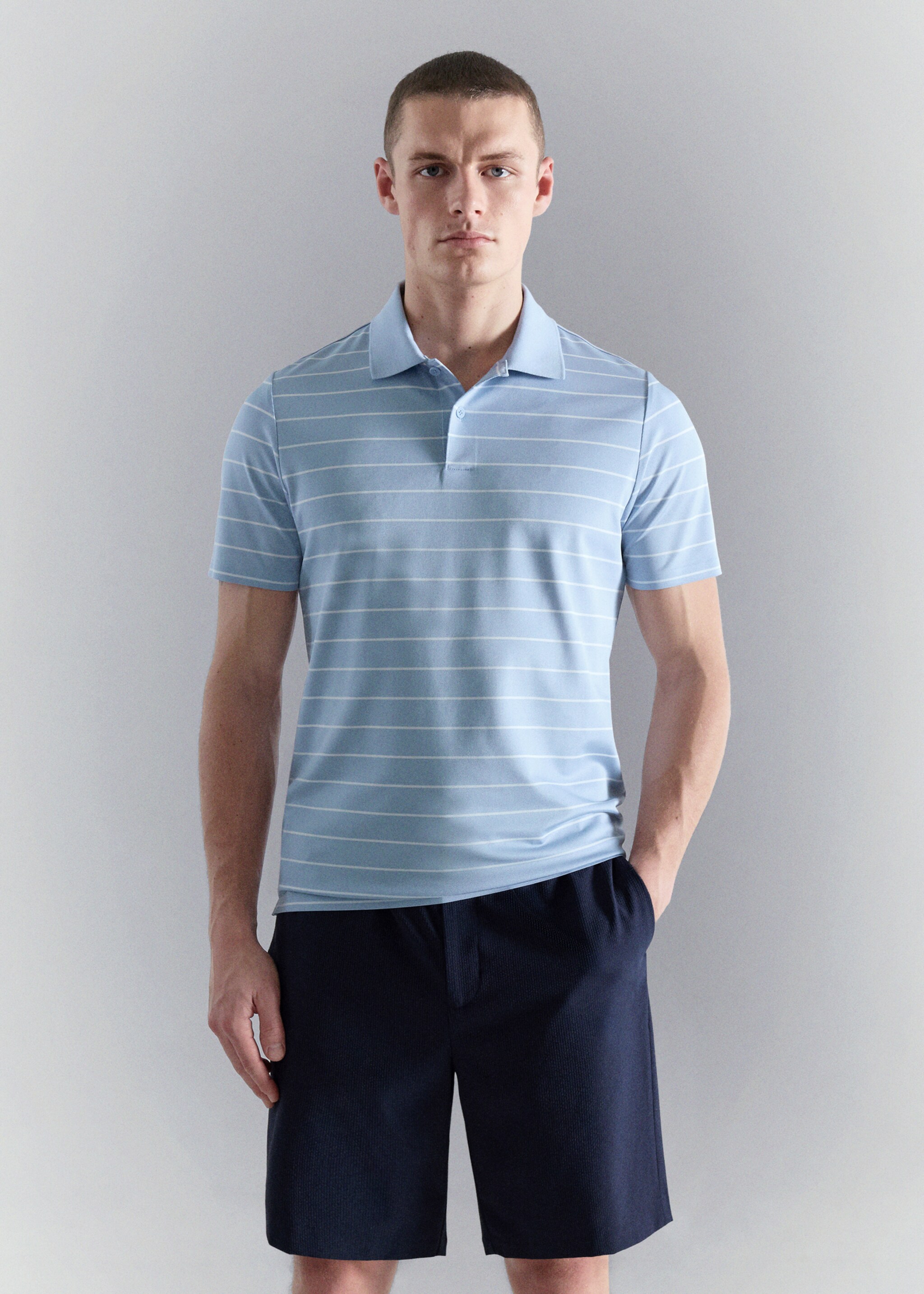 Slim fit striped polo shirt COOLMAX® - Medium plane, Sky Blue. Ref: 27047911-00.