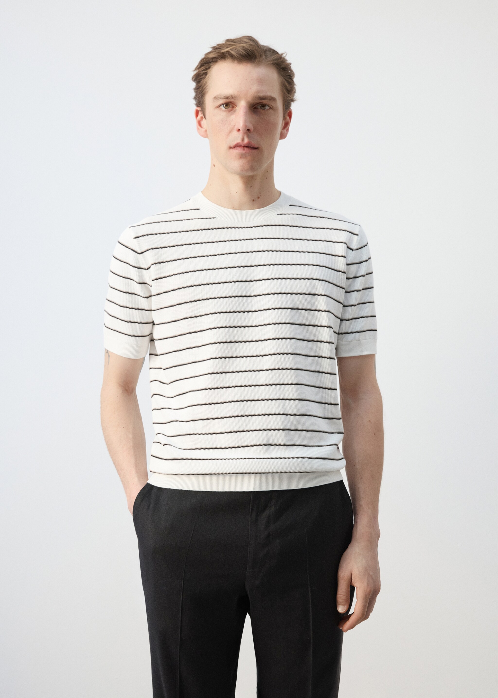 T-shirt coton maille rayures - Plan moyen, Blanc cassé. Ref: 27047914-00.