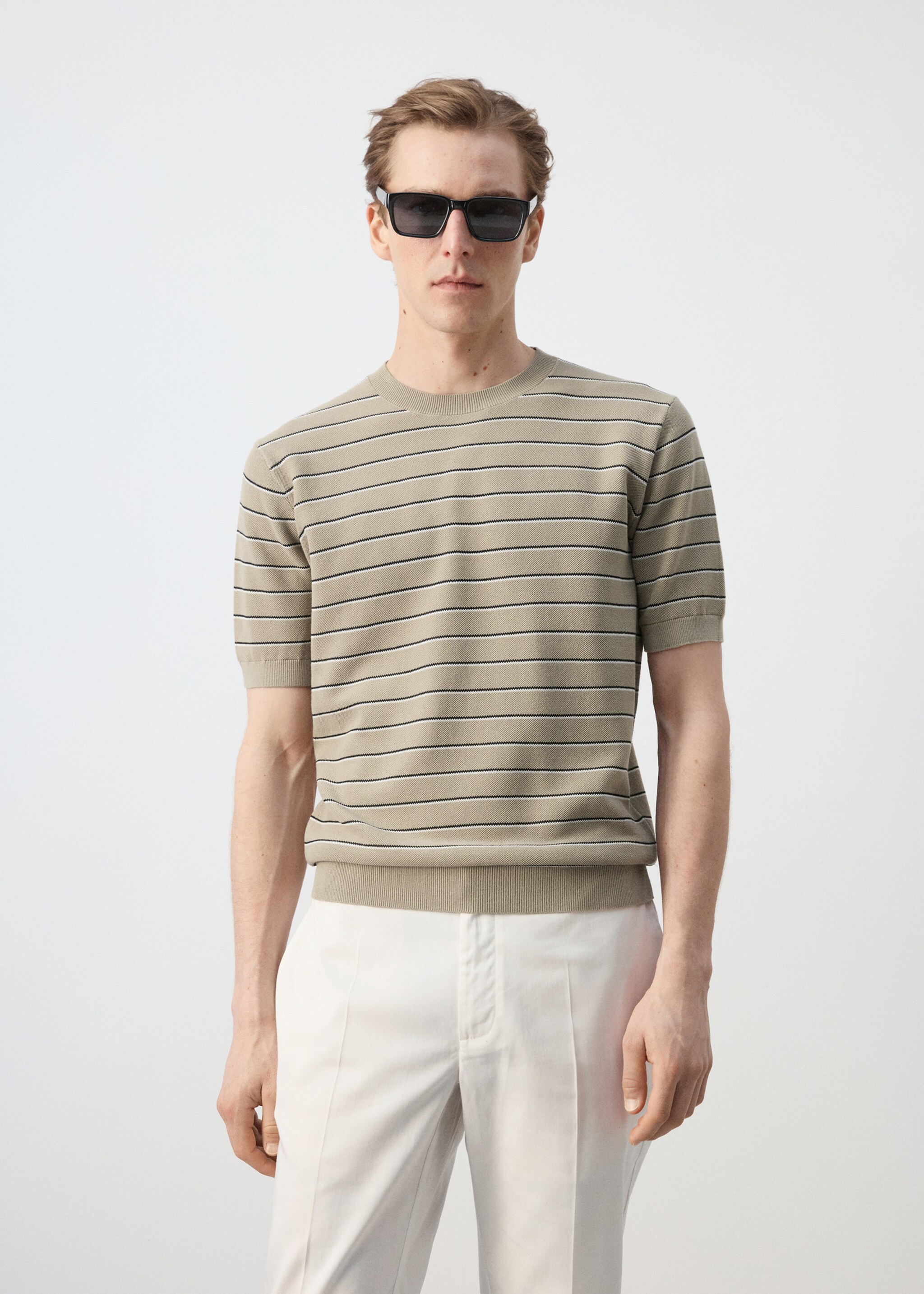 T-shirt coton maille rayures - Plan moyen, Beige. Ref: 27047914-00.