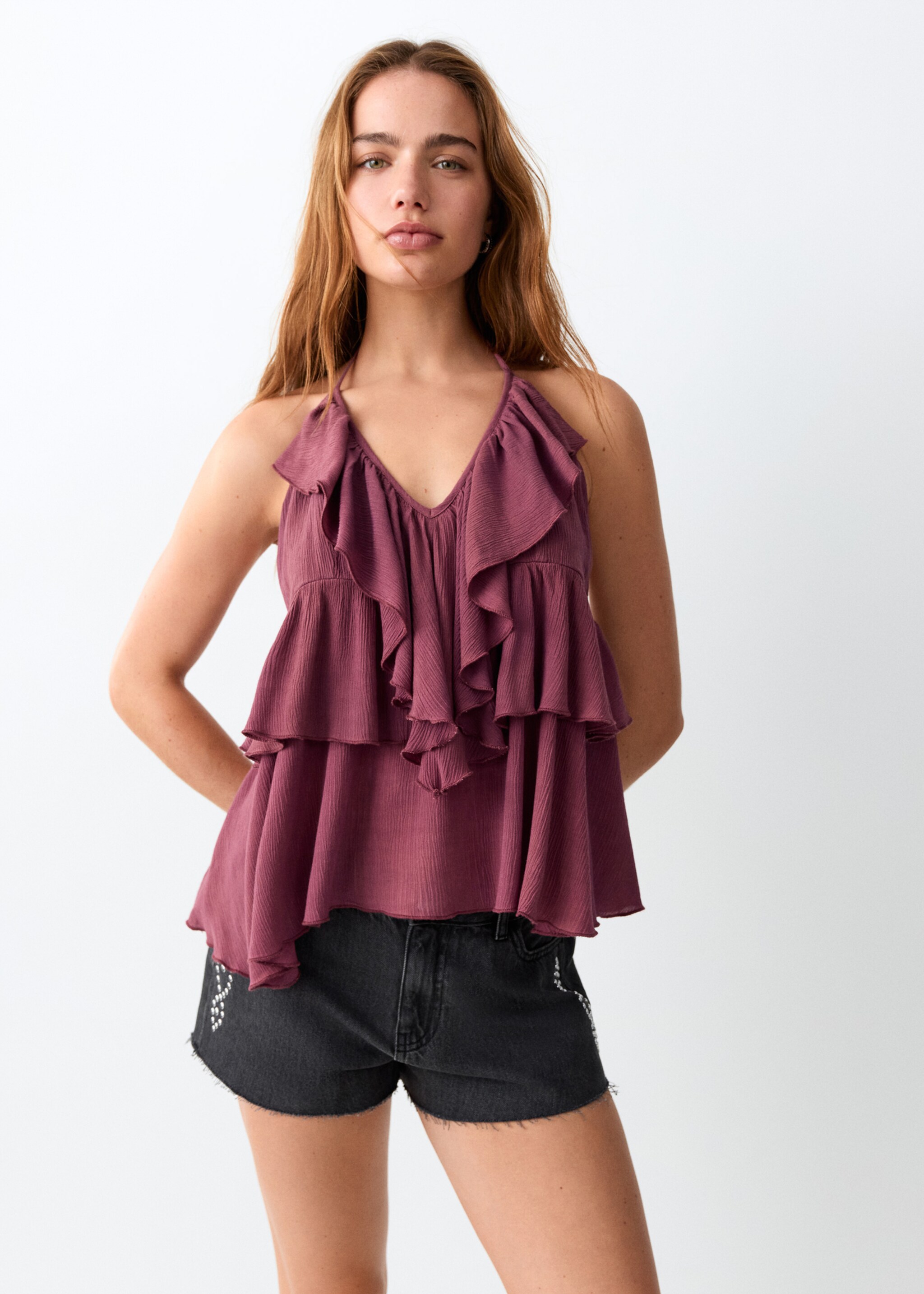 Halter neck ruffled top - Medium plane, Pastel Pink. Ref: 27047915-00.
