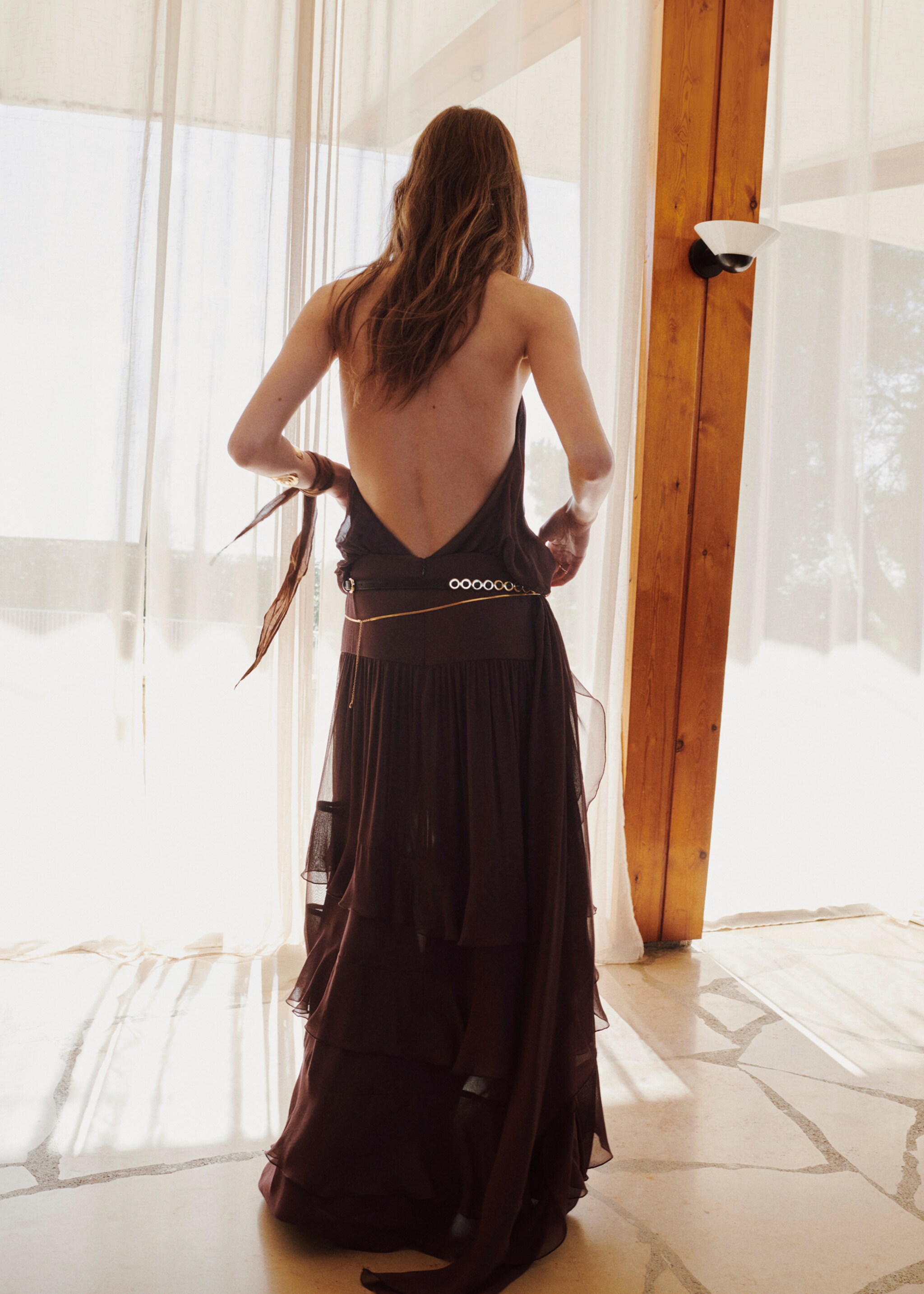 Robe froncée volants - Verso de l’article, Marron. Ref: 27047941-00.