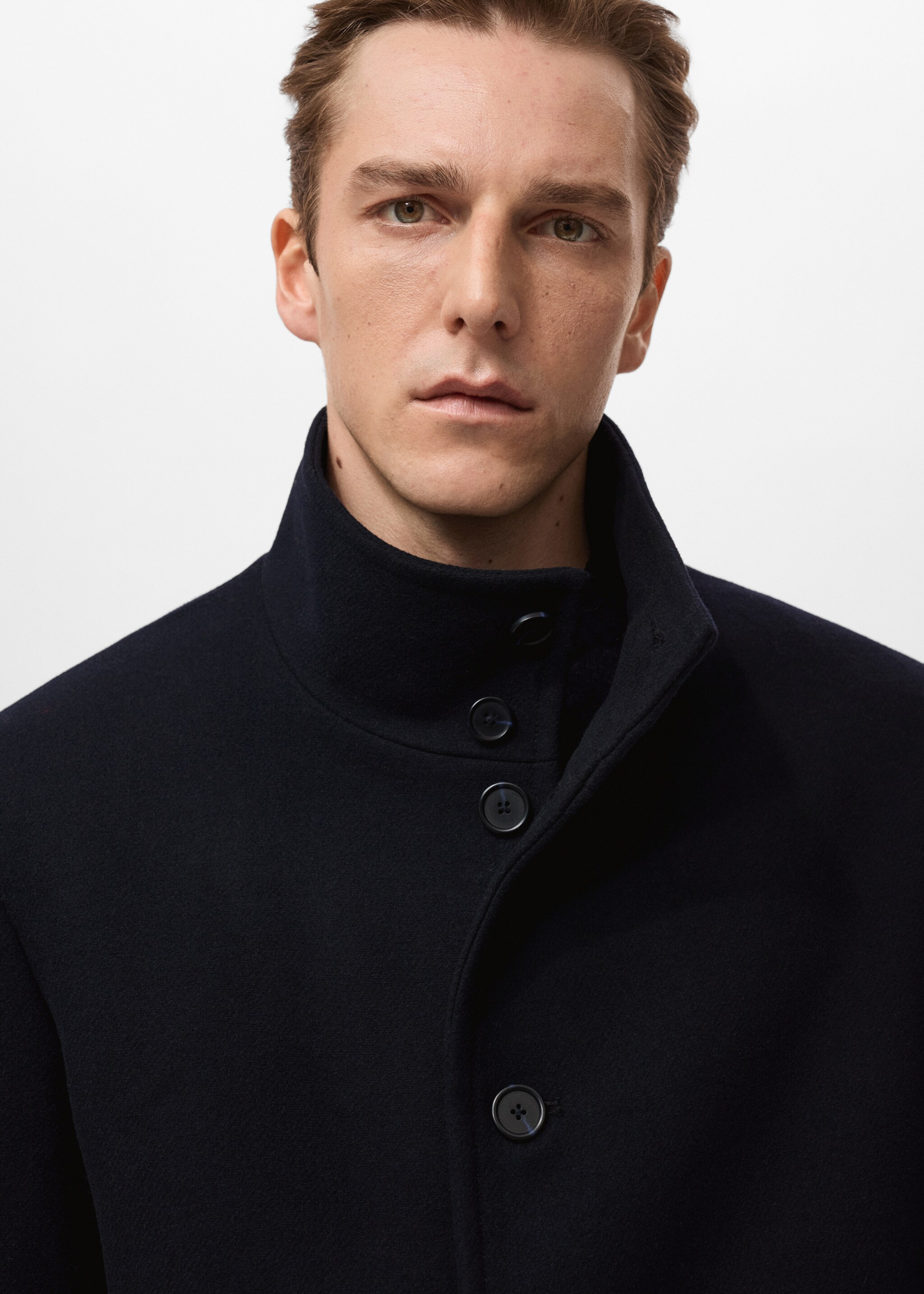 Wool funnel neck coat - Details of the article 1, Navy. Ref: 27051174-00.