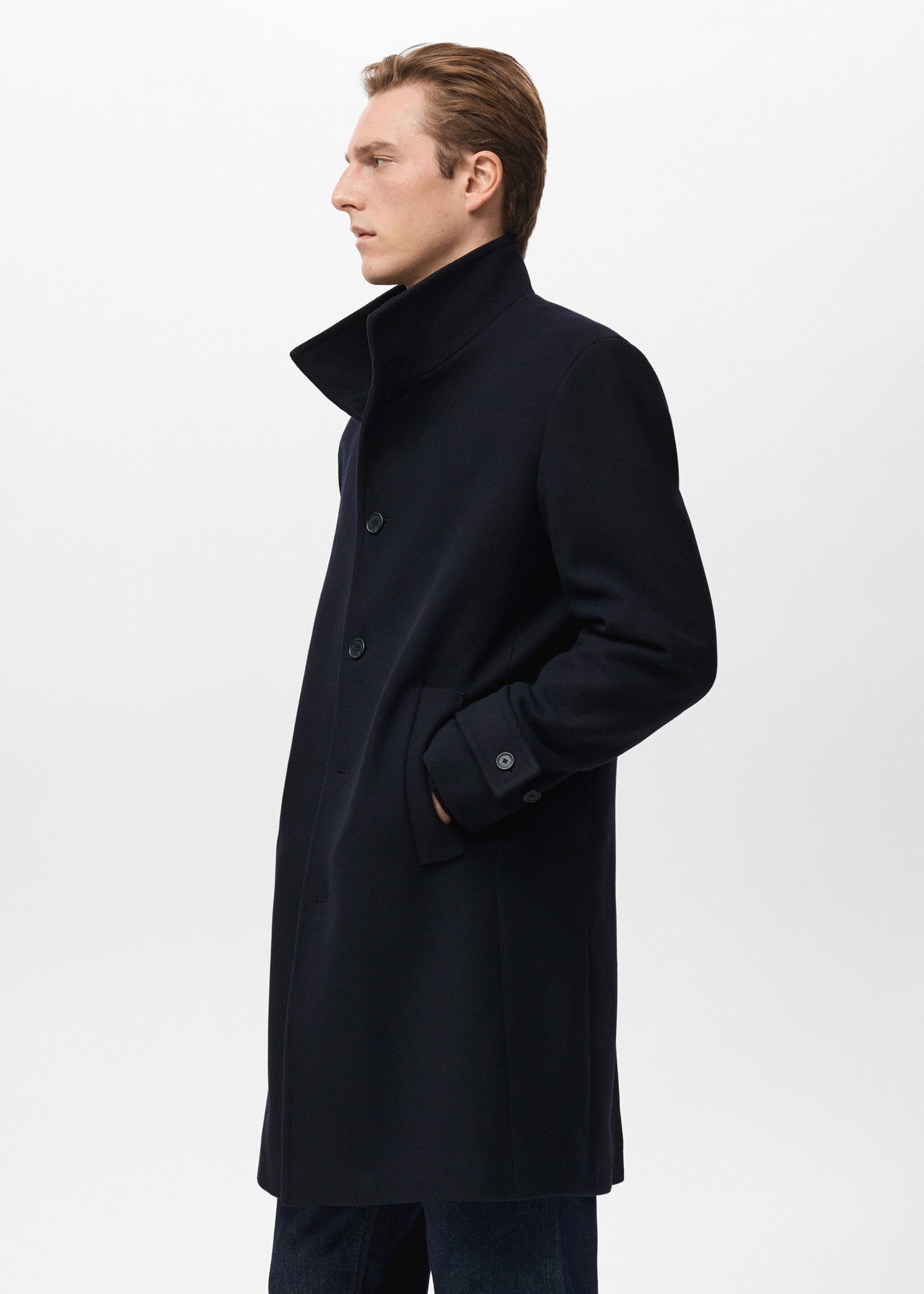 Wool funnel neck coat - Details of the article 2, Navy. Ref: 27051174-00.