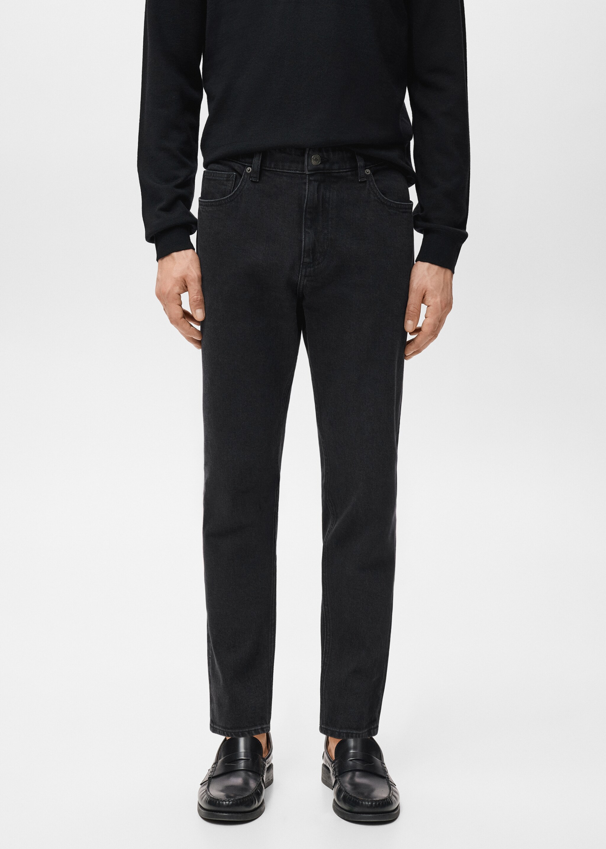 벤 크롭 테이퍼드핏 진 - 중간 평면도, Black denim. Ref: 27051191-00.