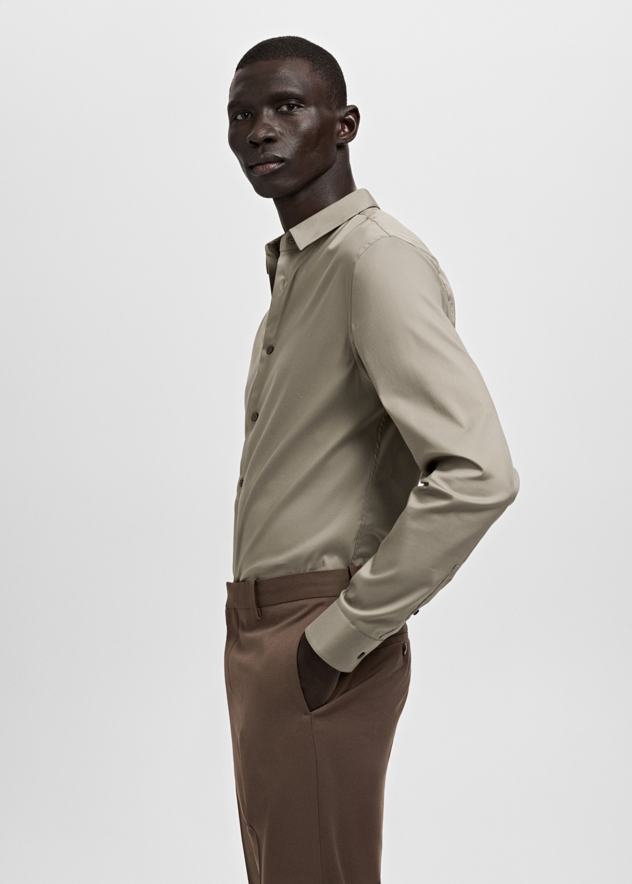 Slim fit cotton suit shirt - Details of the article 2, Brown. Ref: 27051252-00.