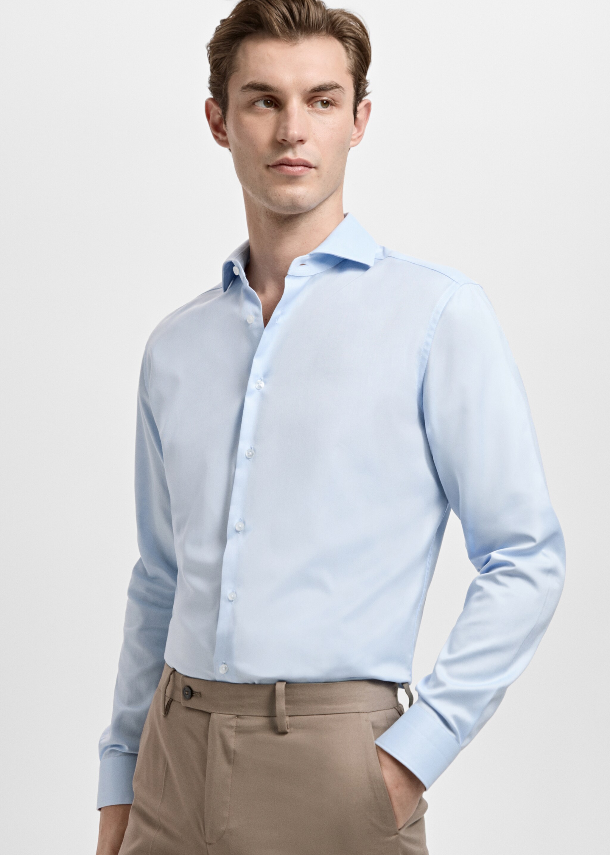 Slim fit structured suit shirt - Details of the article 6, Sky Blue. Ref: 27051253-00.