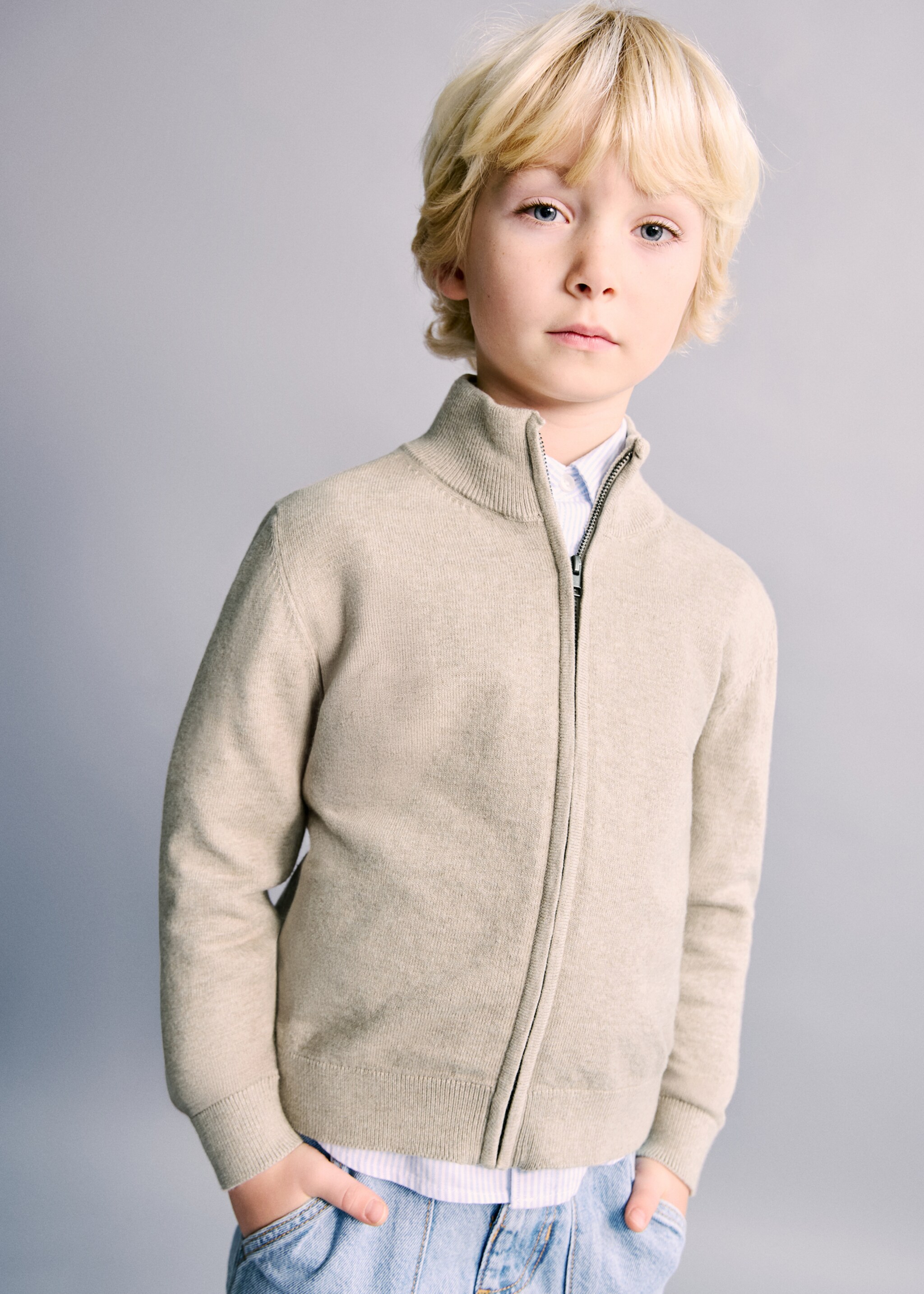 Zipped knit cardigan - Medium plane, Beige. Ref: 27051254-00.