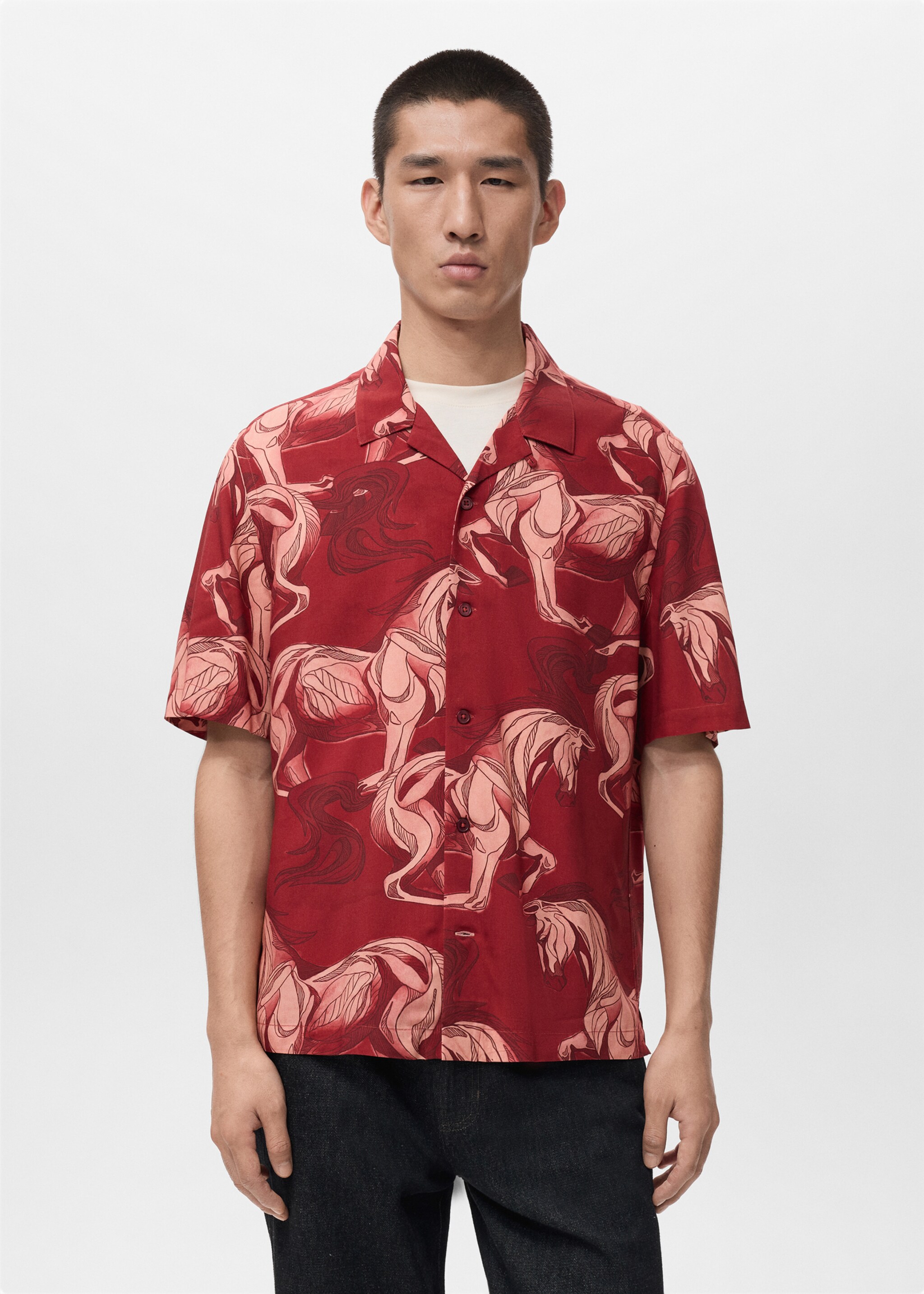 Printed flowing shirt with bowling collar - Medium plane, Red. Ref: 27051278-00.