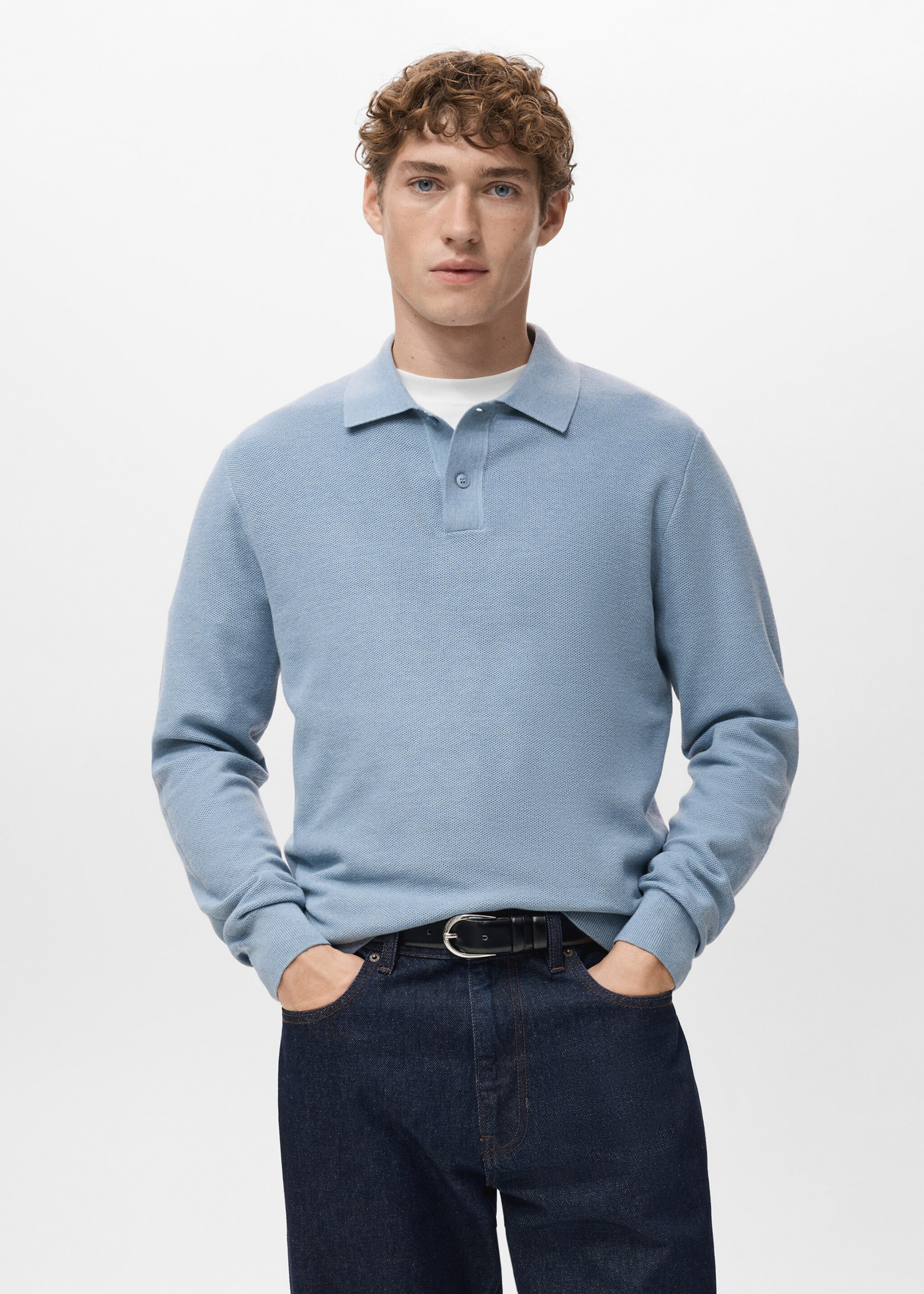 Micro-structured cotton polo shirt - Medium plane, Sky Blue. Ref: 27051281-00.