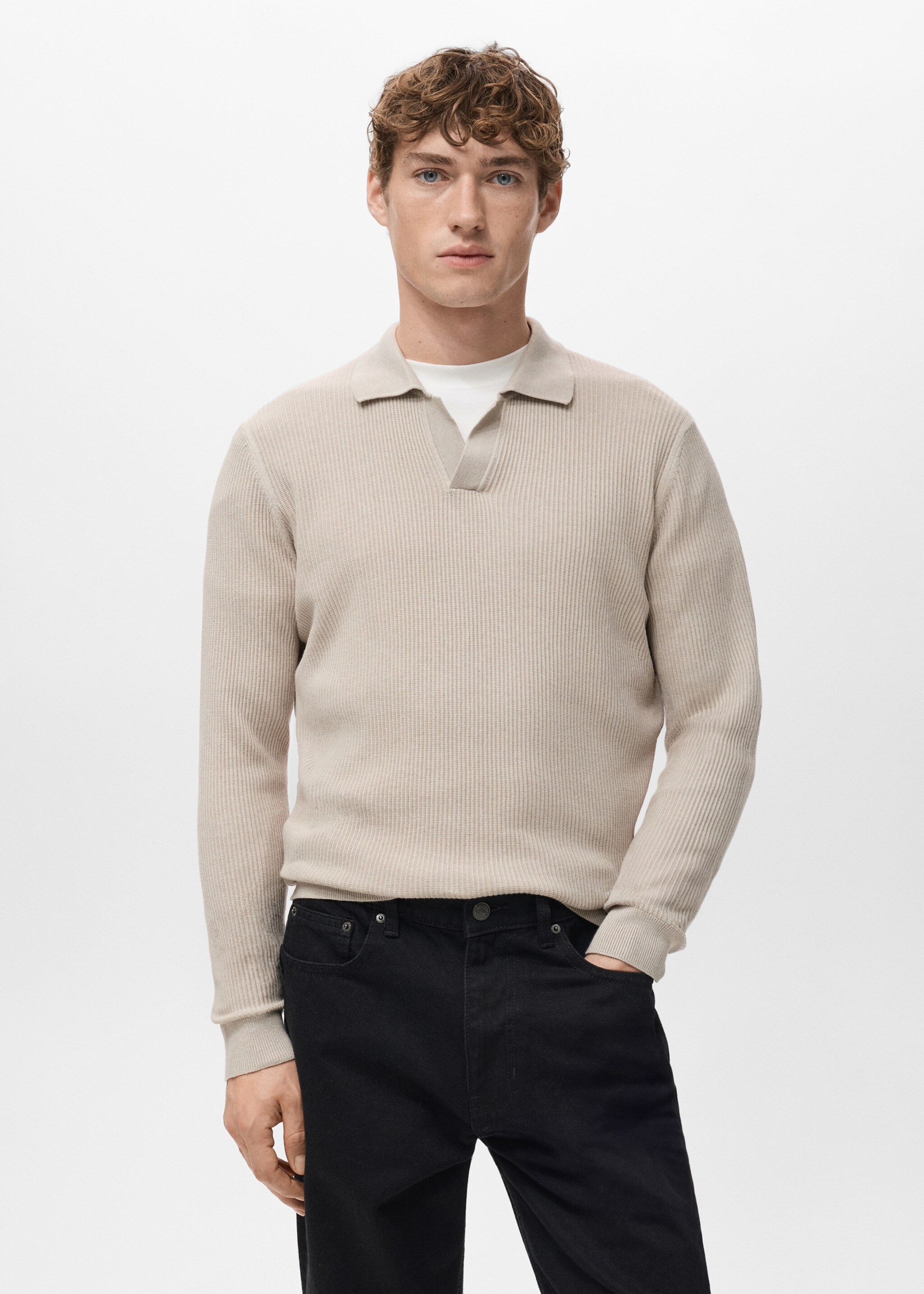 Cotton-blend ribbed polo sweater - Medium plane, Beige. Ref: 27051282-00.