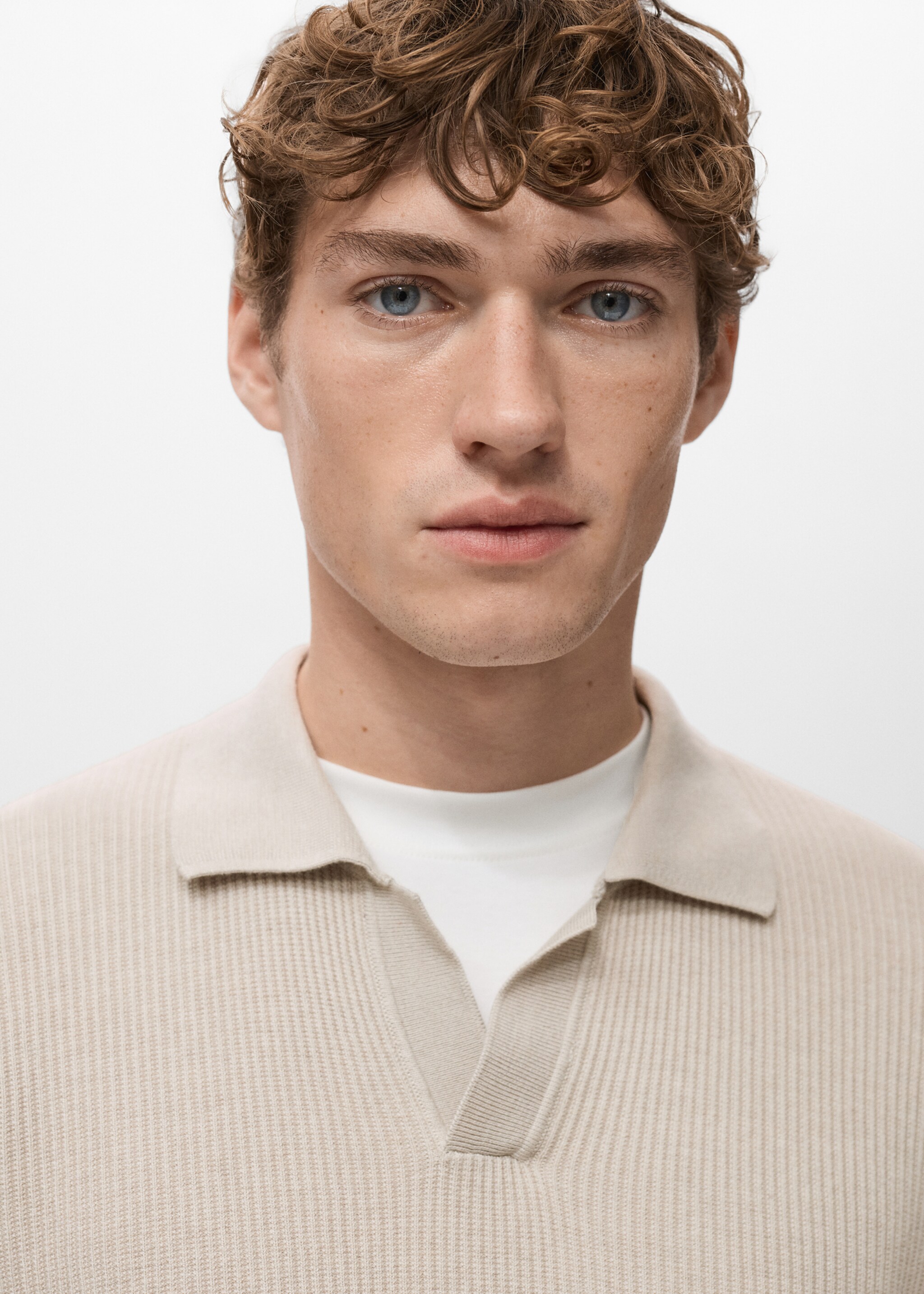 Cotton-blend ribbed polo sweater - Details of the article 1, Beige. Ref: 27051282-00.
