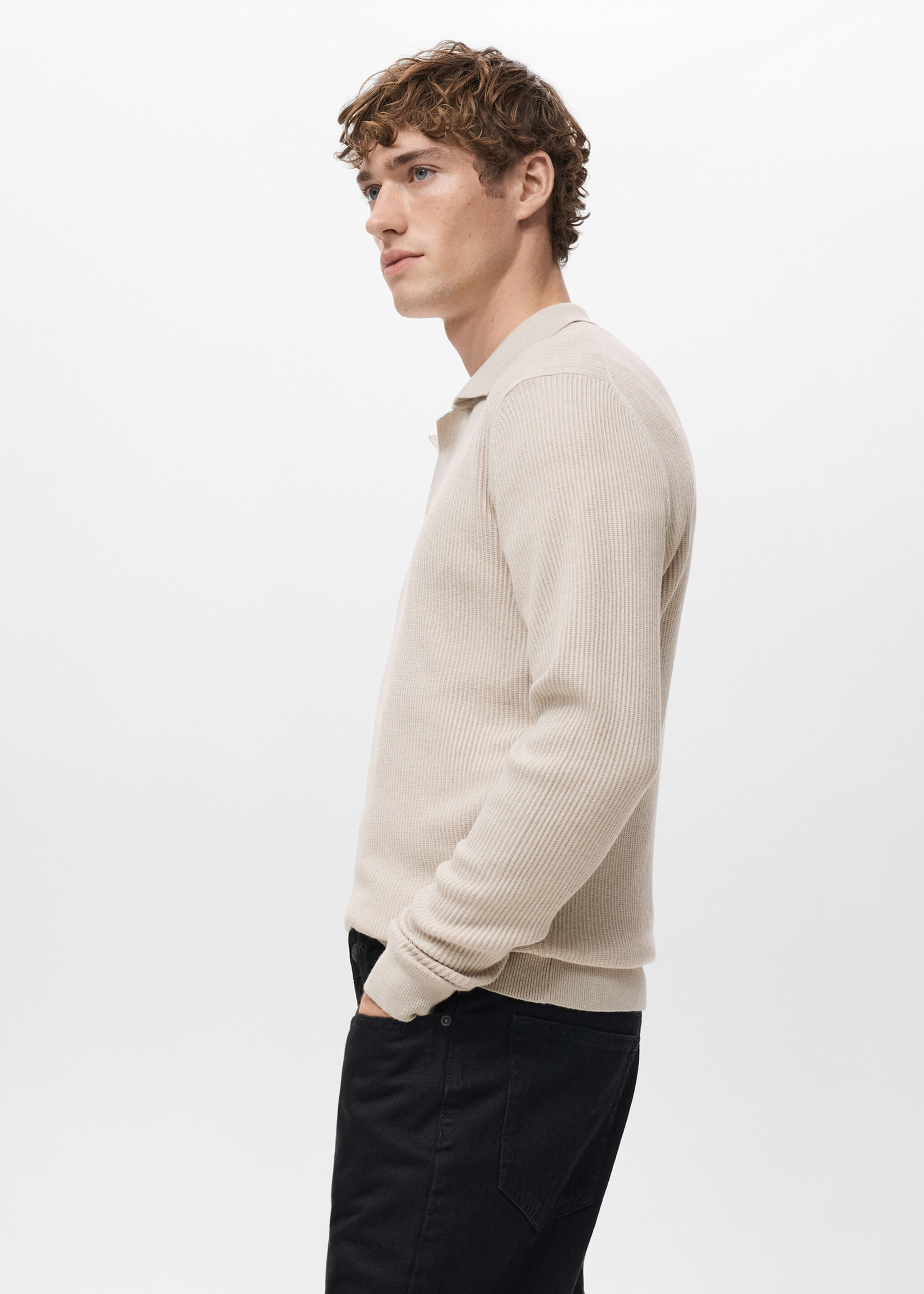 Cotton-blend ribbed polo sweater - Details of the article 2, Beige. Ref: 27051282-00.