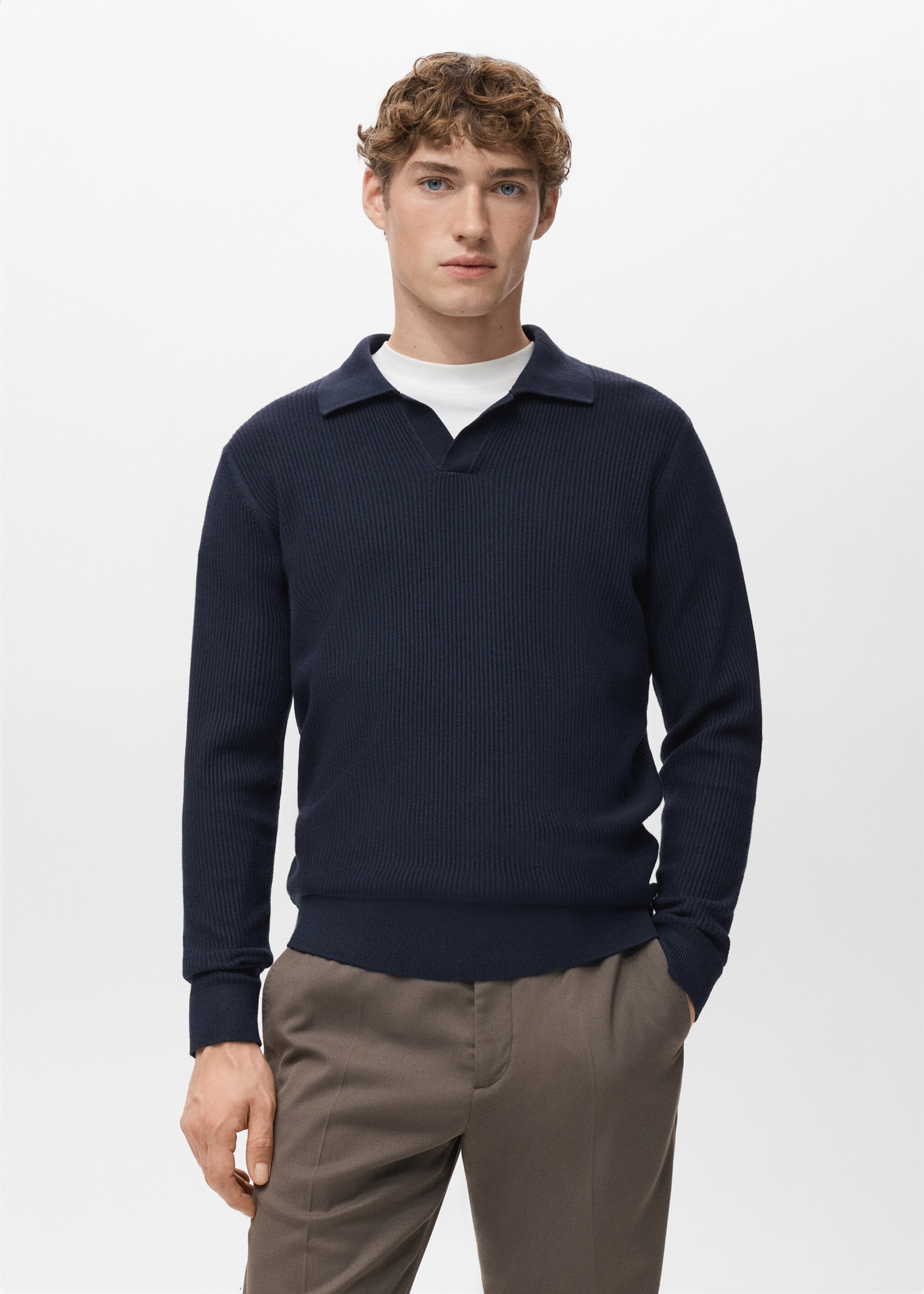 Cotton-blend ribbed polo sweater - Medium plane, Navy. Ref: 27051282-00.