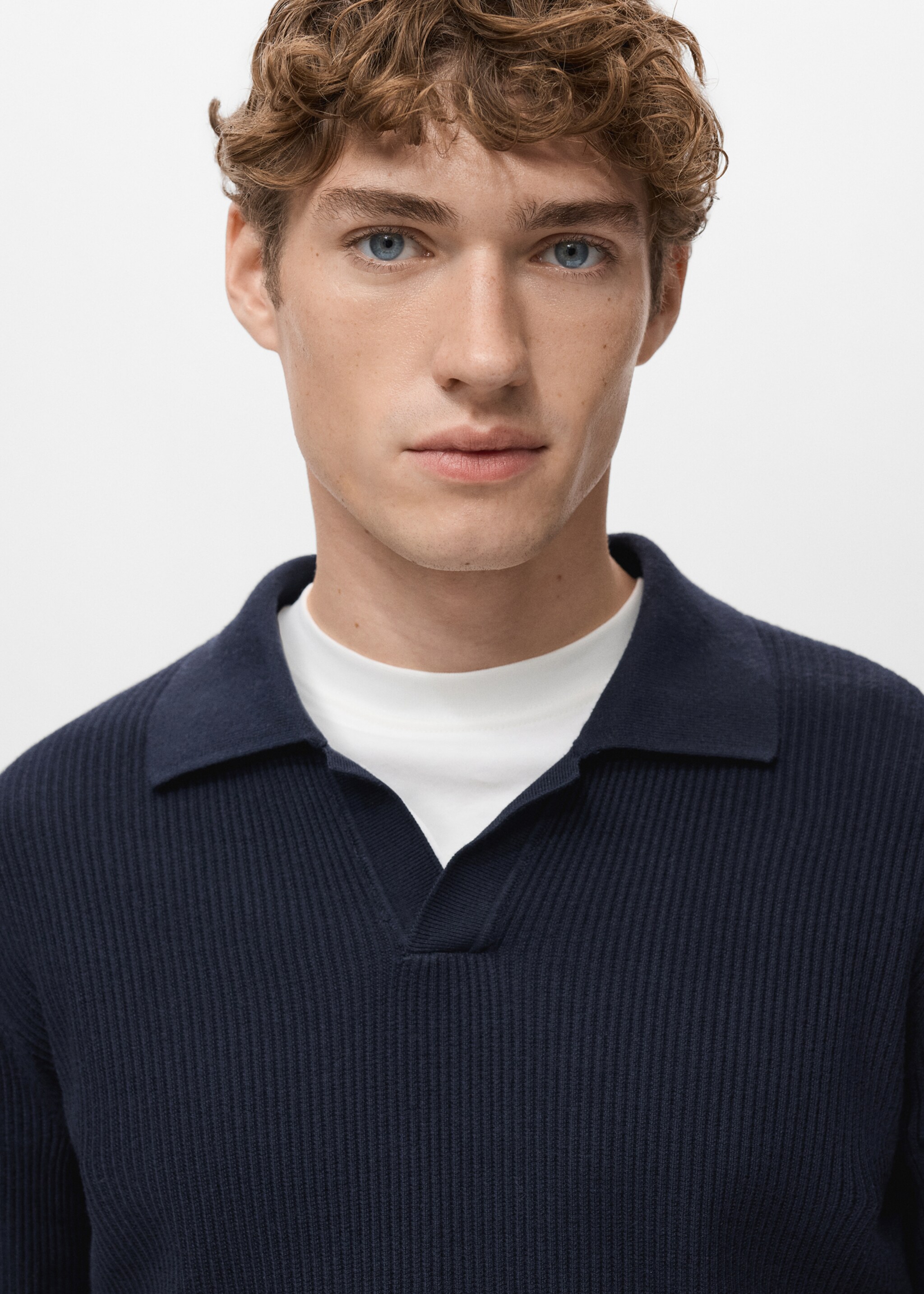 Cotton-blend ribbed polo sweater - Details of the article 1, Navy. Ref: 27051282-00.