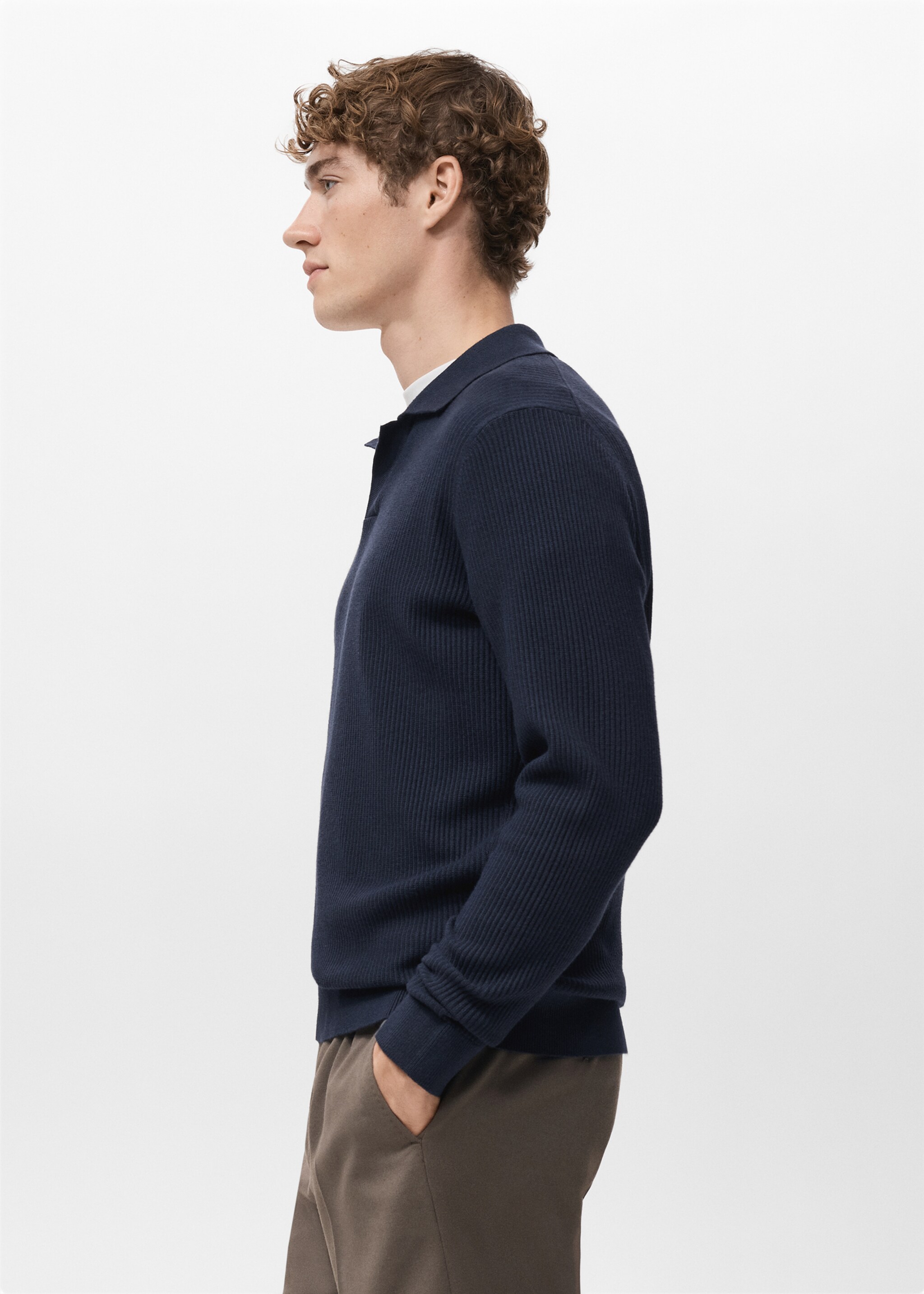 Cotton-blend ribbed polo sweater - Details of the article 2, Navy. Ref: 27051282-00.