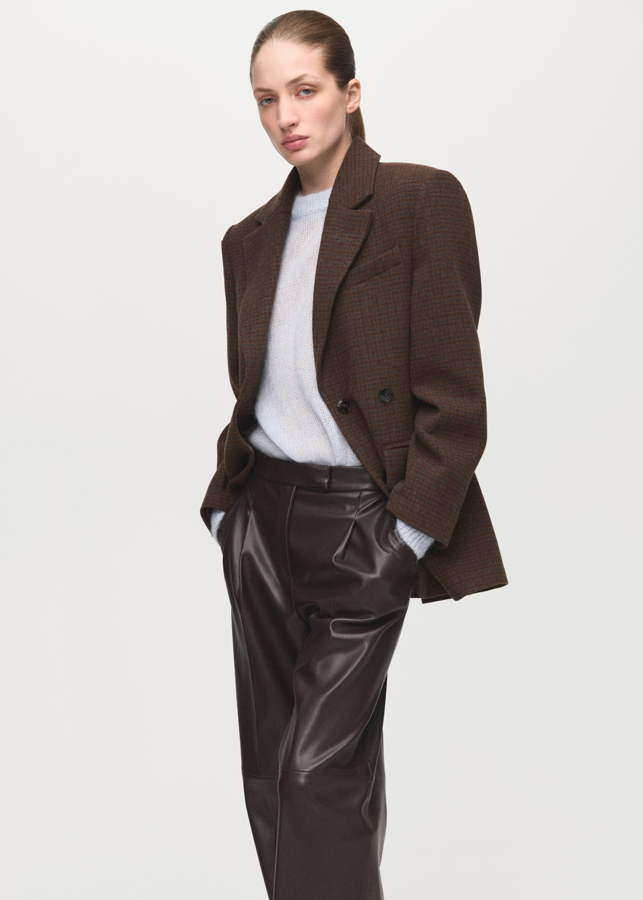 Wide-leg faux-leather trousers - Details of the article 1, Chocolate. Ref: 27051290-00.