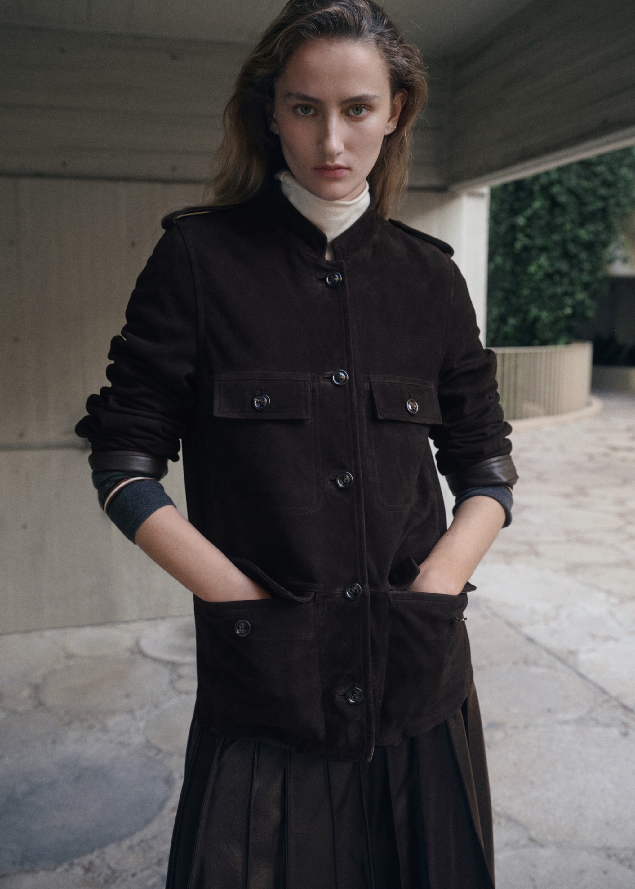 Suede jacket with drawstring collar - Medium plane, Brown. Ref: 27051331-00.