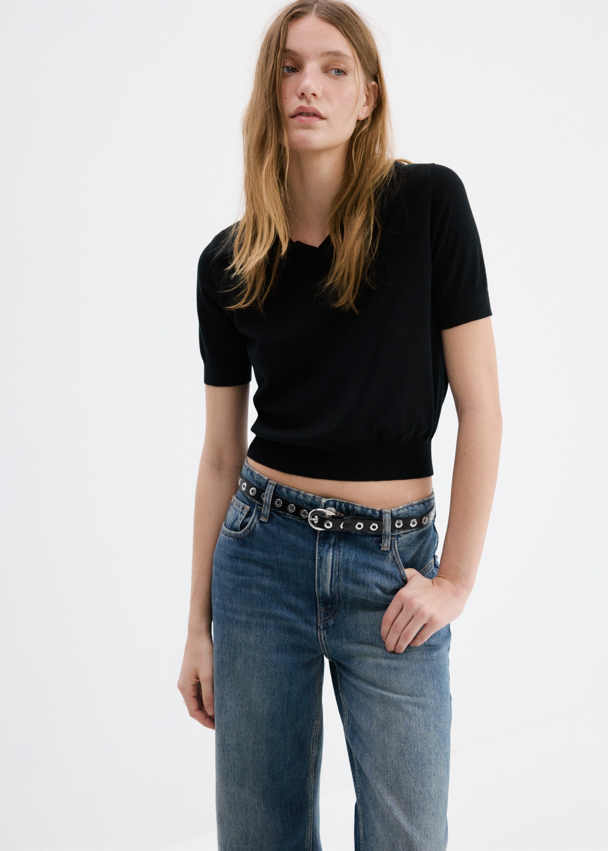 High-waisted wide-leg jeans - Details of the article 1, Dark Blue. Ref: 27051343-00.