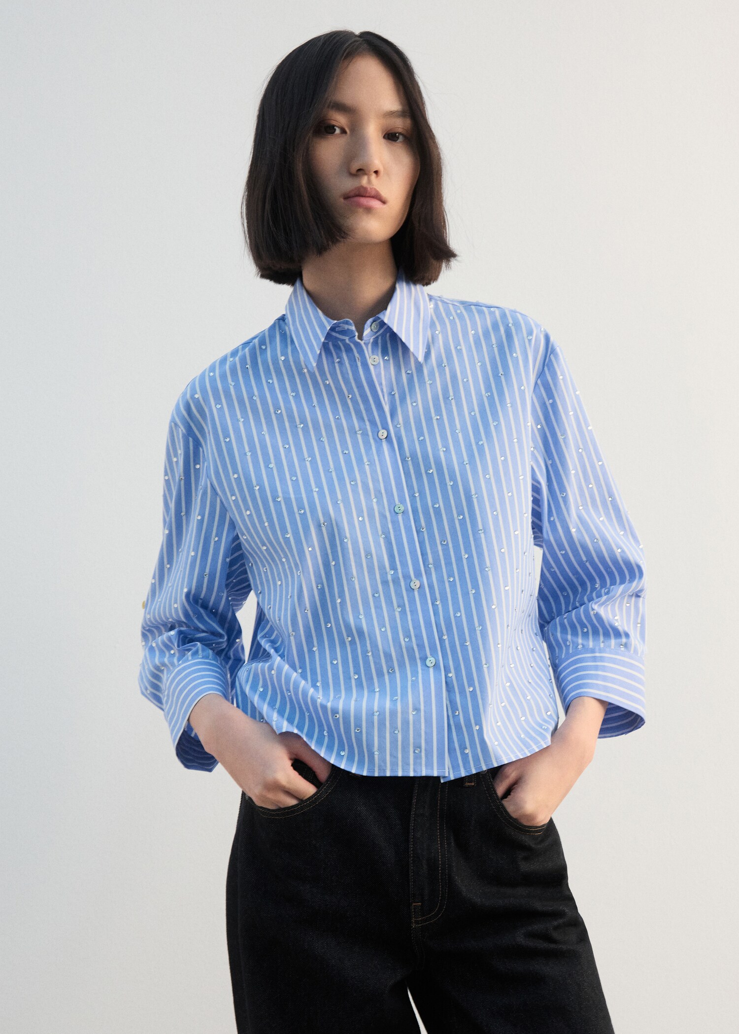 Striped crop blouse with strass - Medium plane