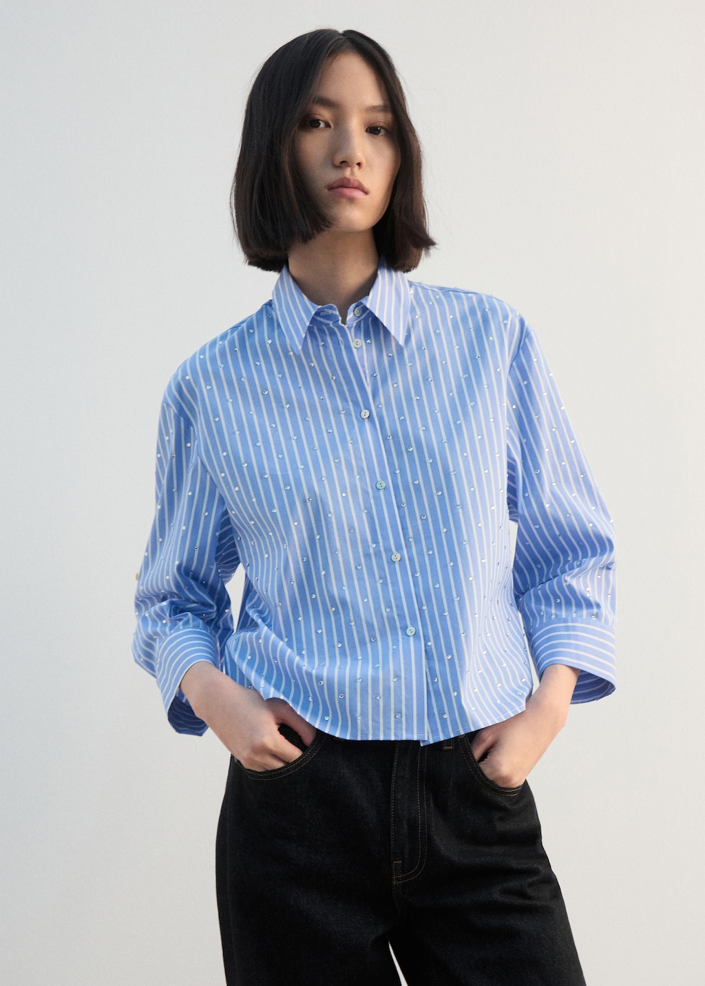 Striped crop blouse with rhinestones