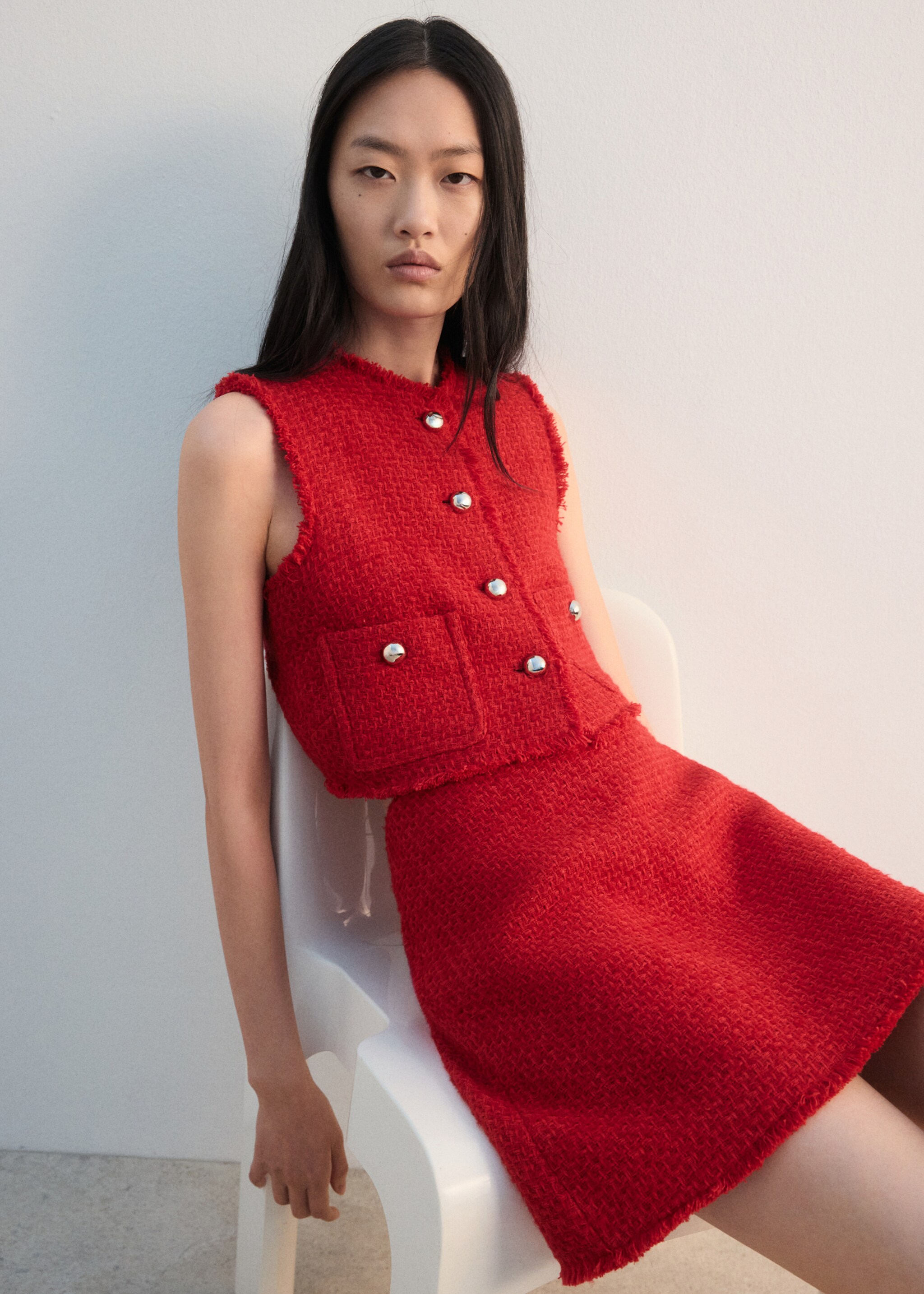 Tweed waistcoat with buttons - Medium plane, Red. Ref: 27052548-00.