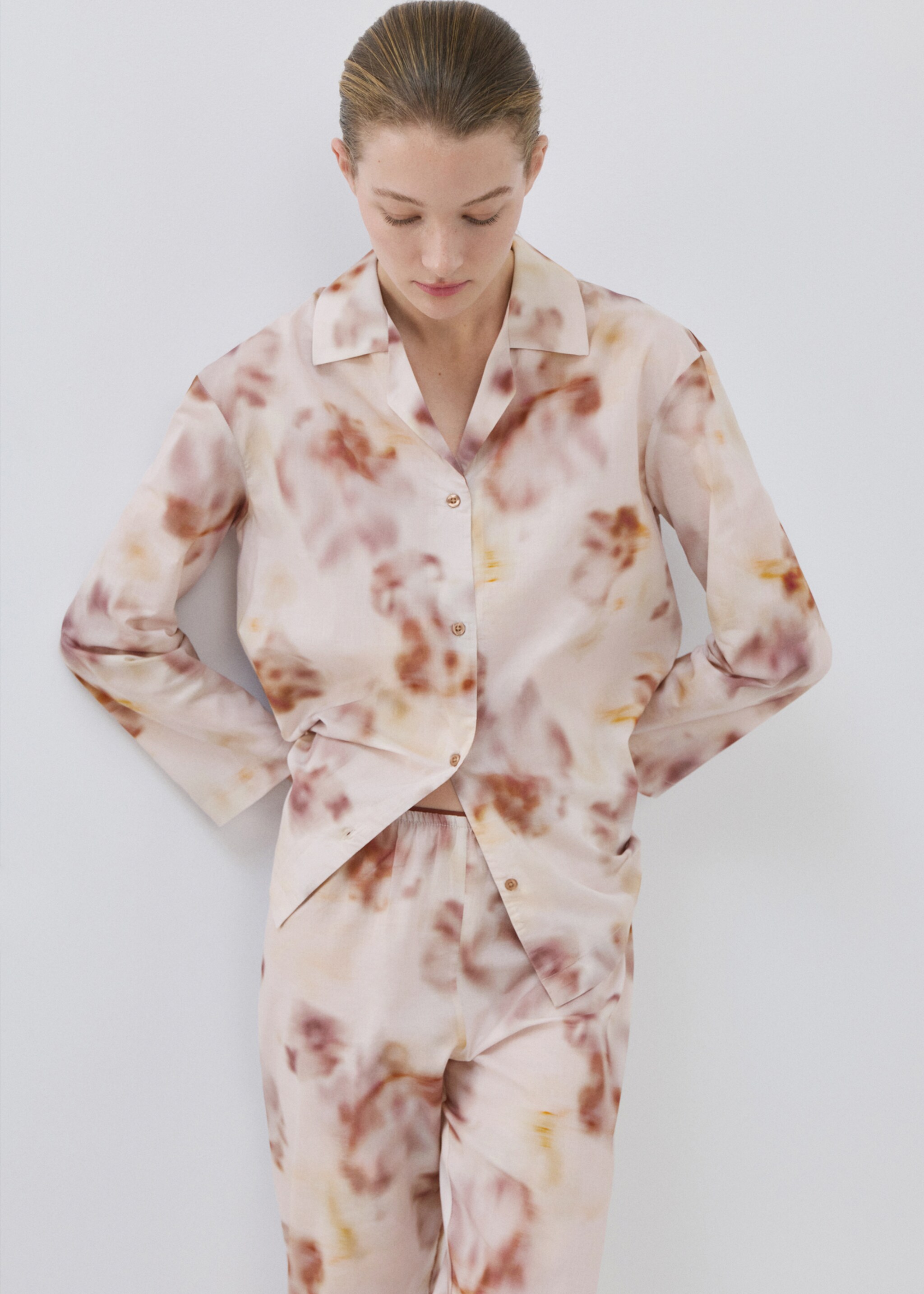 Floral-print cotton pyjama top - Medium plane, Brown. Ref: 27053323-00.