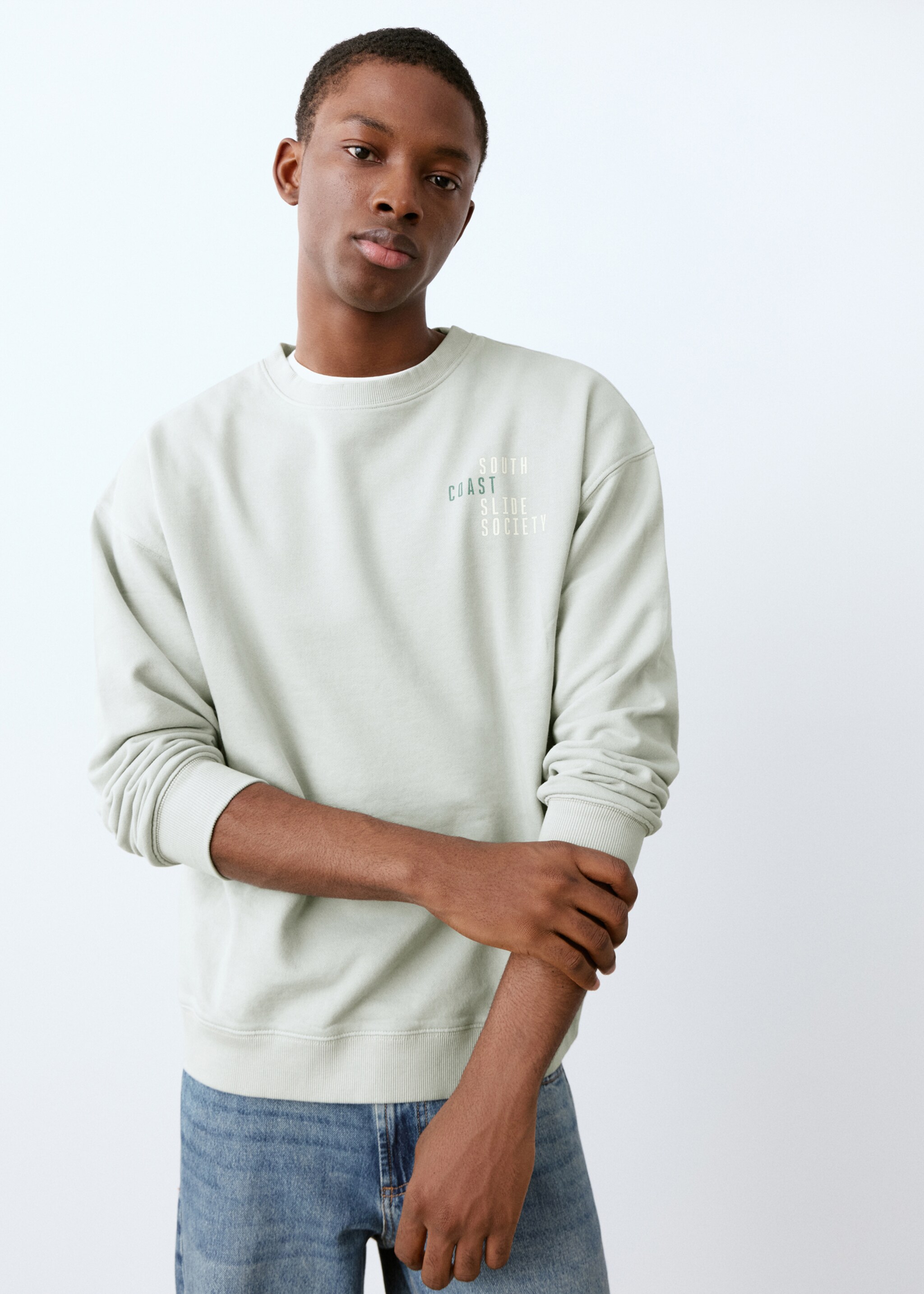Sweat-shirt coton imprimé - Plan moyen, Vert d´eau. Ref: 27054050-00.