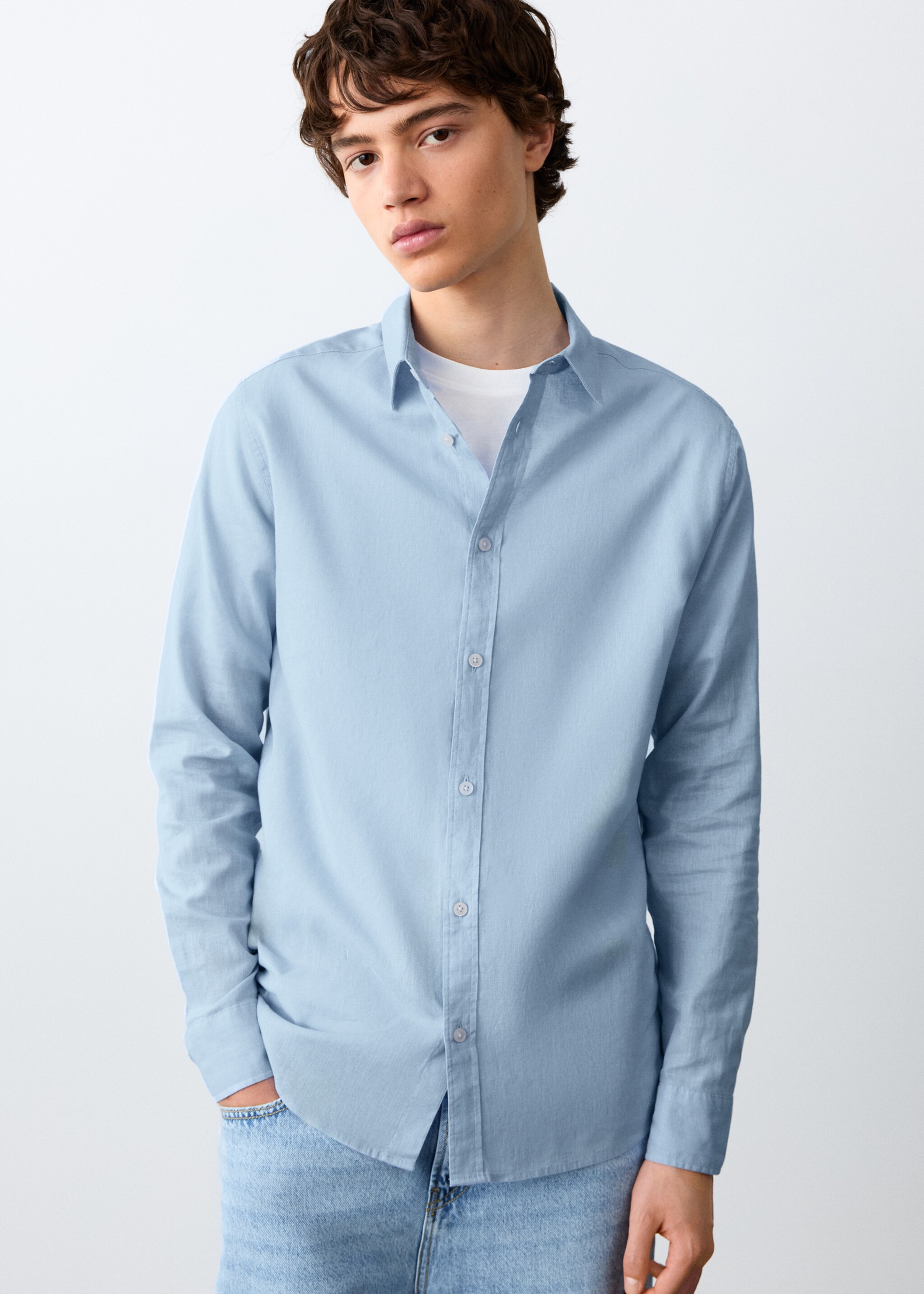 Button linen shirt - Medium plane, Sky Blue. Ref: 27054051-00.