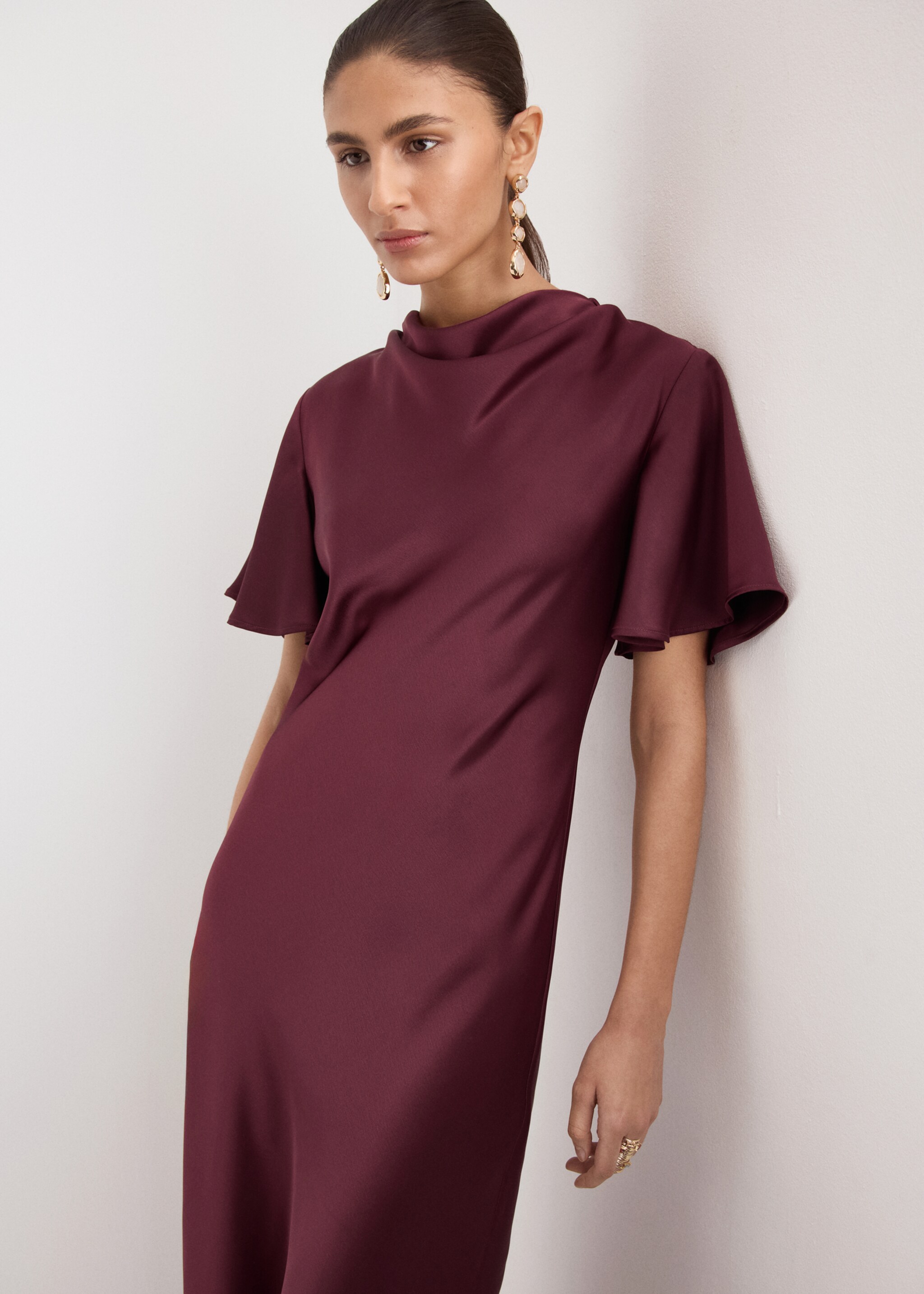 Draped neck satin dress - Medium plane, Maroon. Ref: 27054076-00.