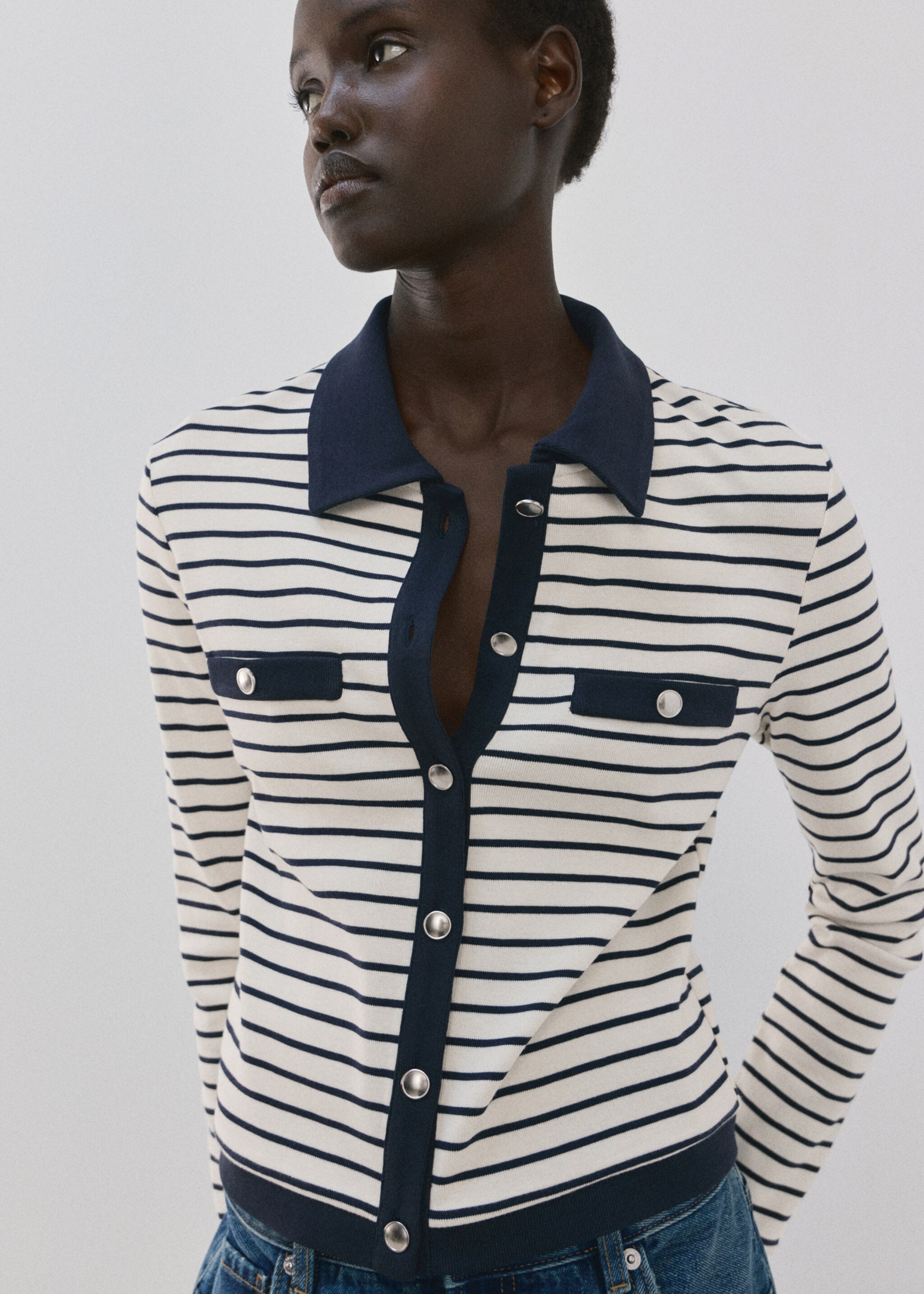 Striped cardigan with jewel buttons - Details of the article 2, Navy. Ref: 27054083-00.