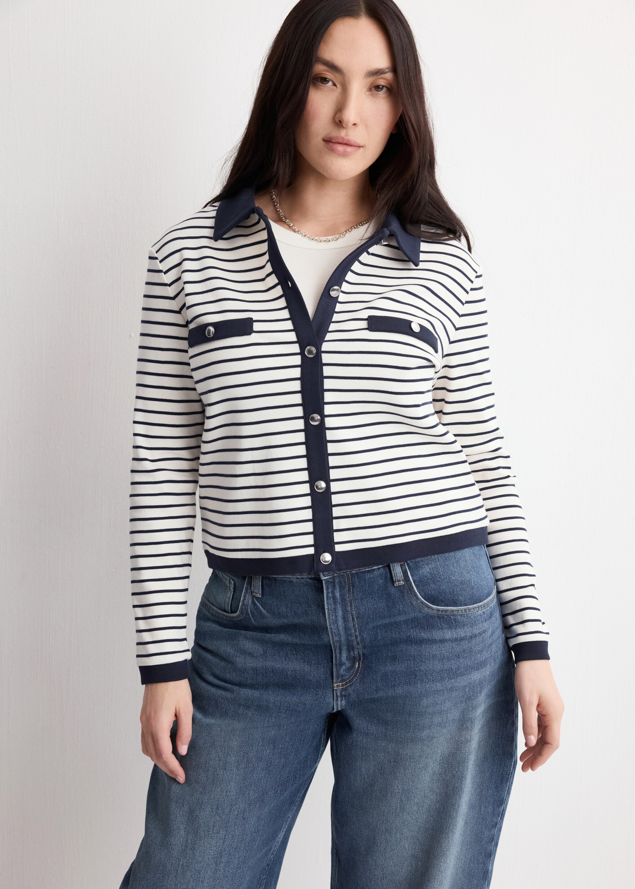 Striped cardigan with jewel buttons - Details of the article 5, Navy. Ref: 27054083-00.