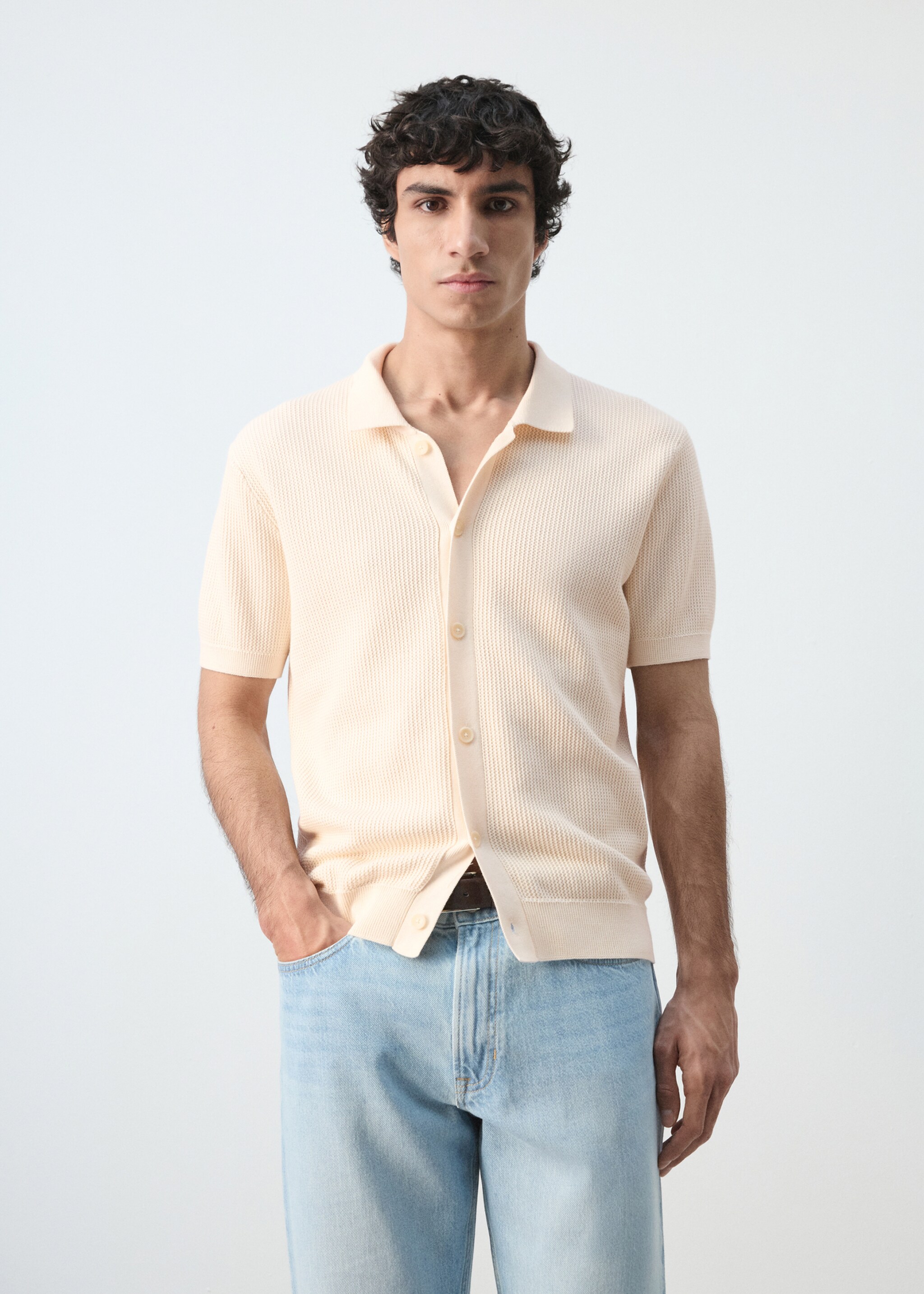 100% cotton structured knit polo with buttons - Medium plane, Off White. Ref: 27054426-00.