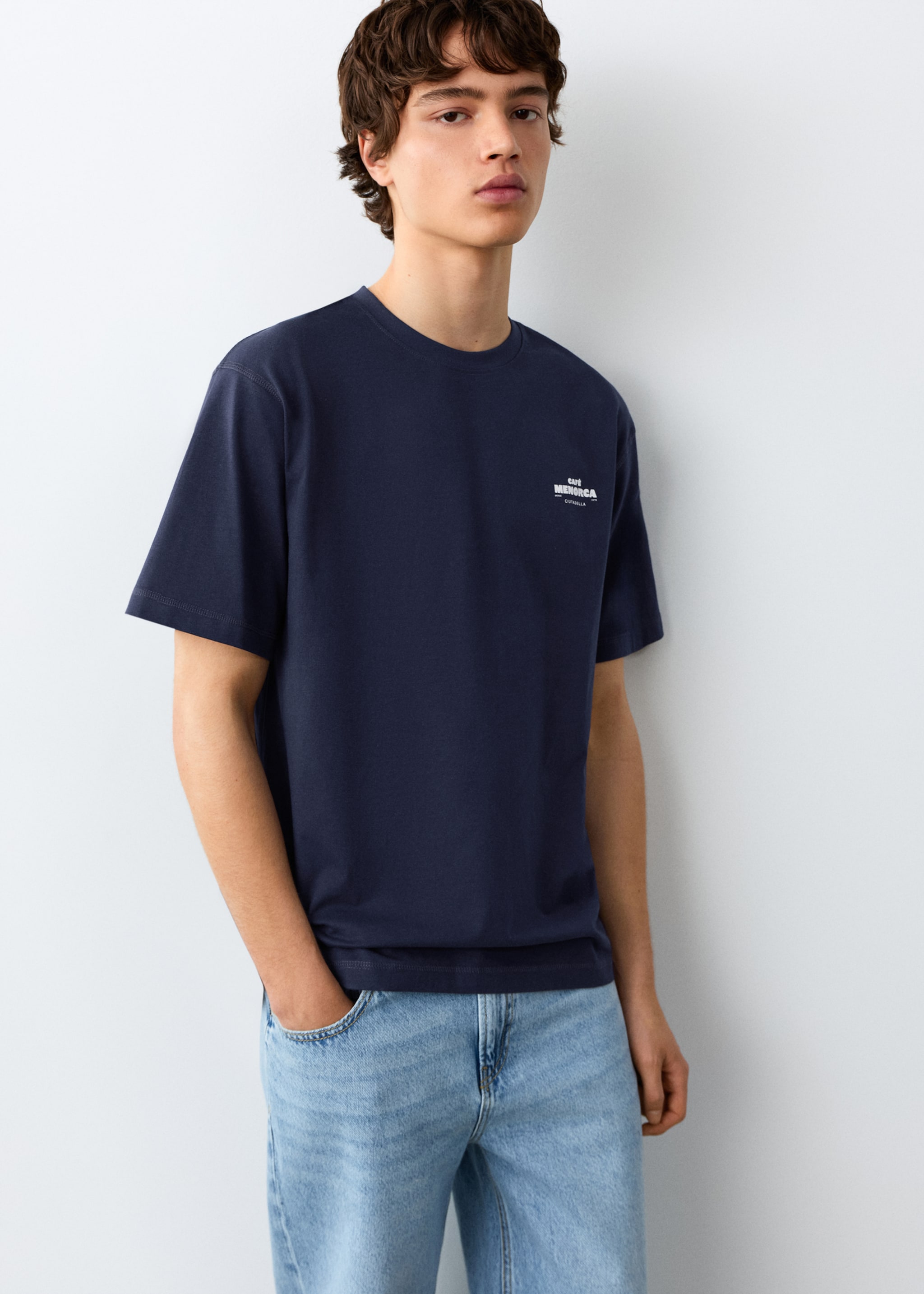 Printed cotton-blend t-shirt - Medium plane, Navy. Ref: 27055158-00.
