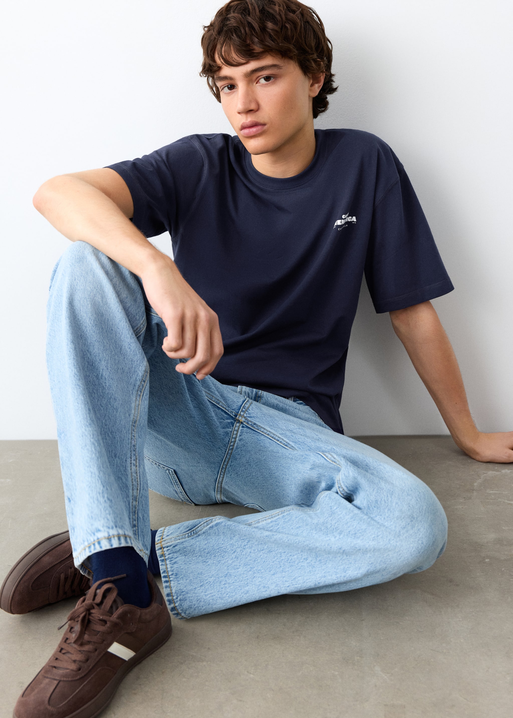 Printed cotton-blend t-shirt - Details of the article 2, Navy. Ref: 27055158-00.