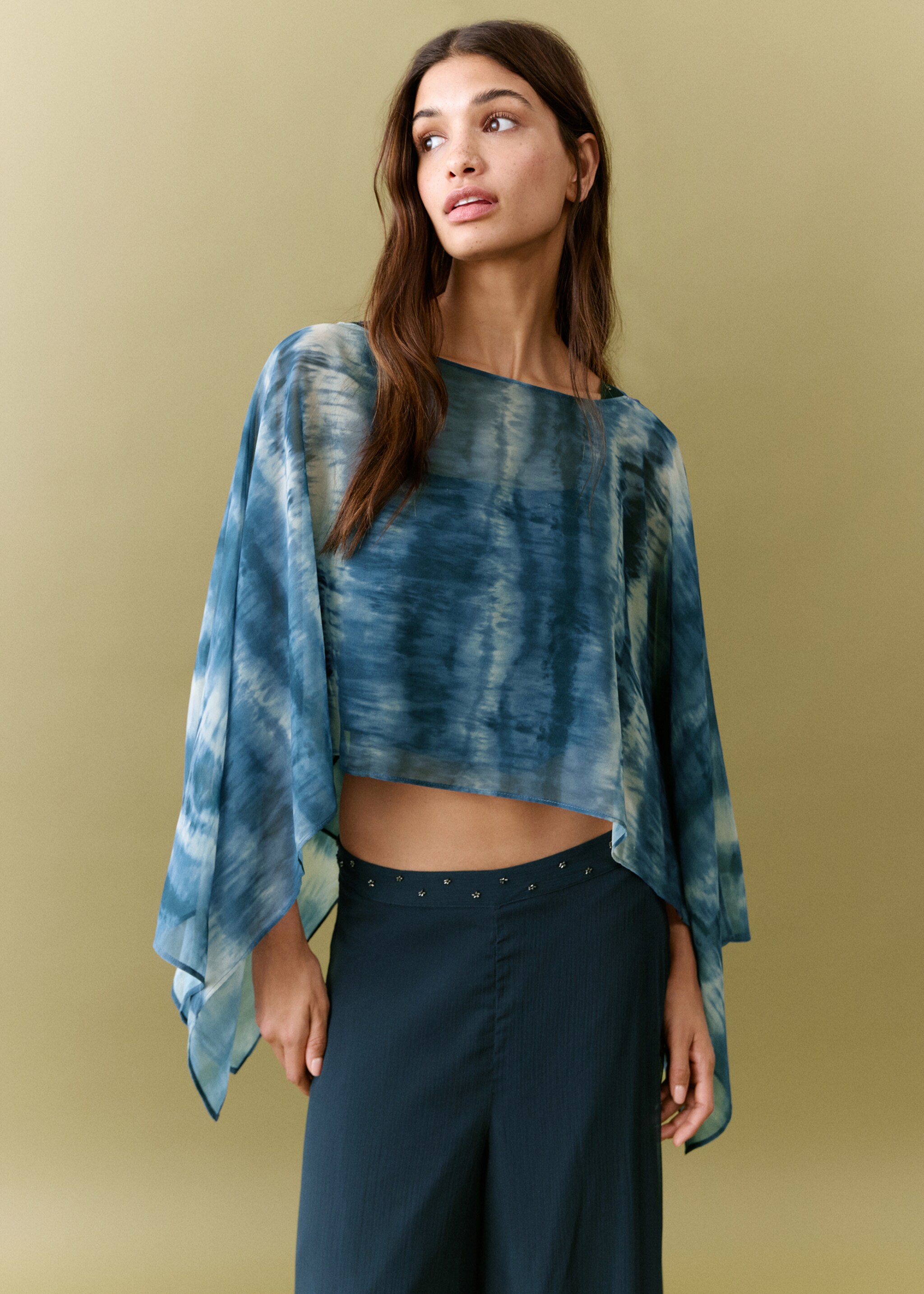 Printed cape blouse - Medium plane, Navy. Ref: 27055812-00.