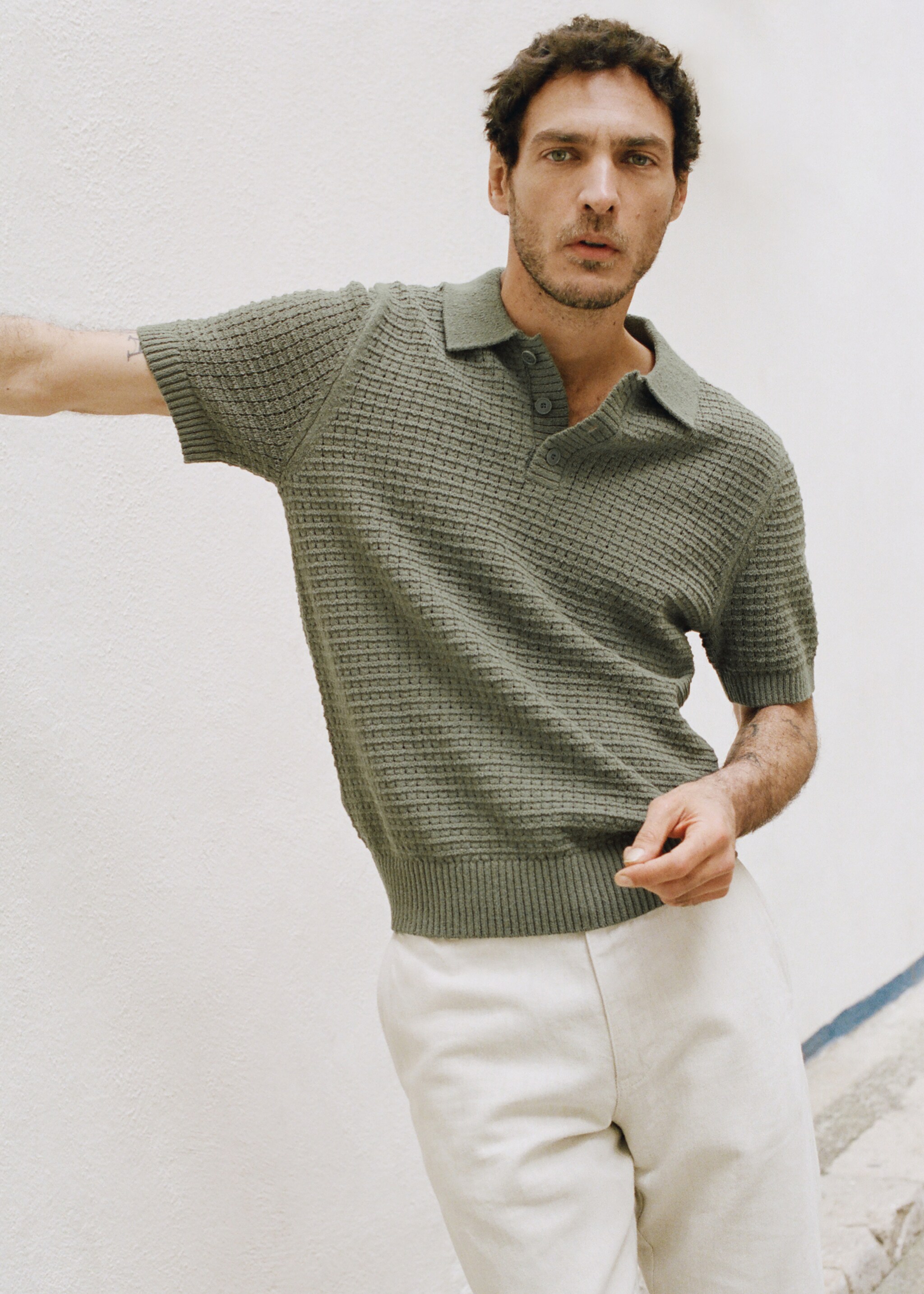 Waffle knit polo - Details of the article 5, Forest Green. Ref: 27055940-00.