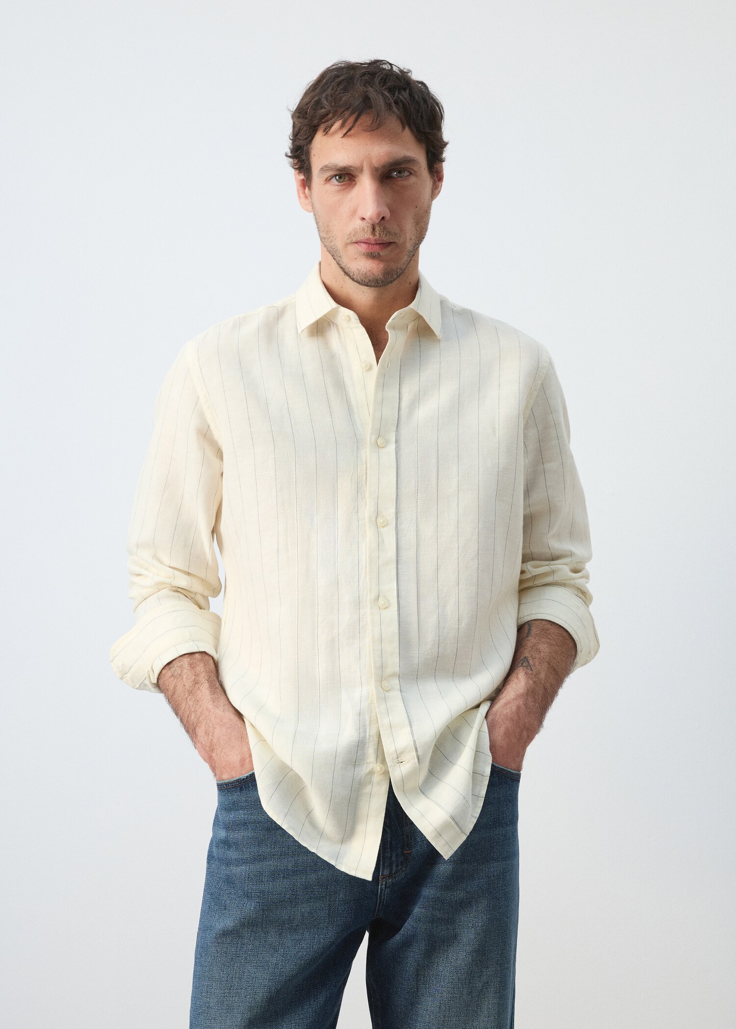 Regular-fit striped cotton-linen shirt - Medium plane