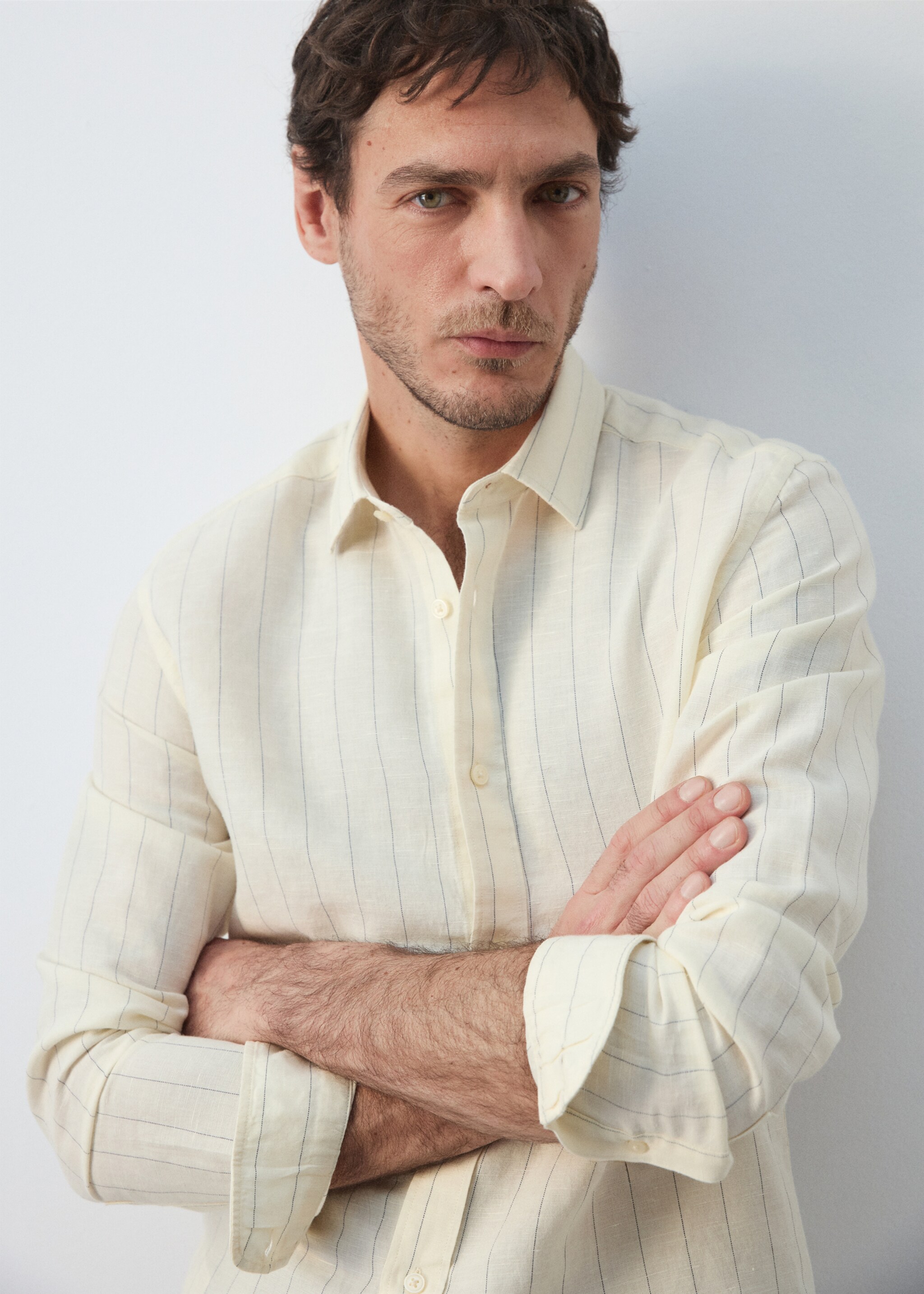 Regular-fit striped cotton-linen shirt - Details of the article 1, Ecru. Ref: 27055941-00.
