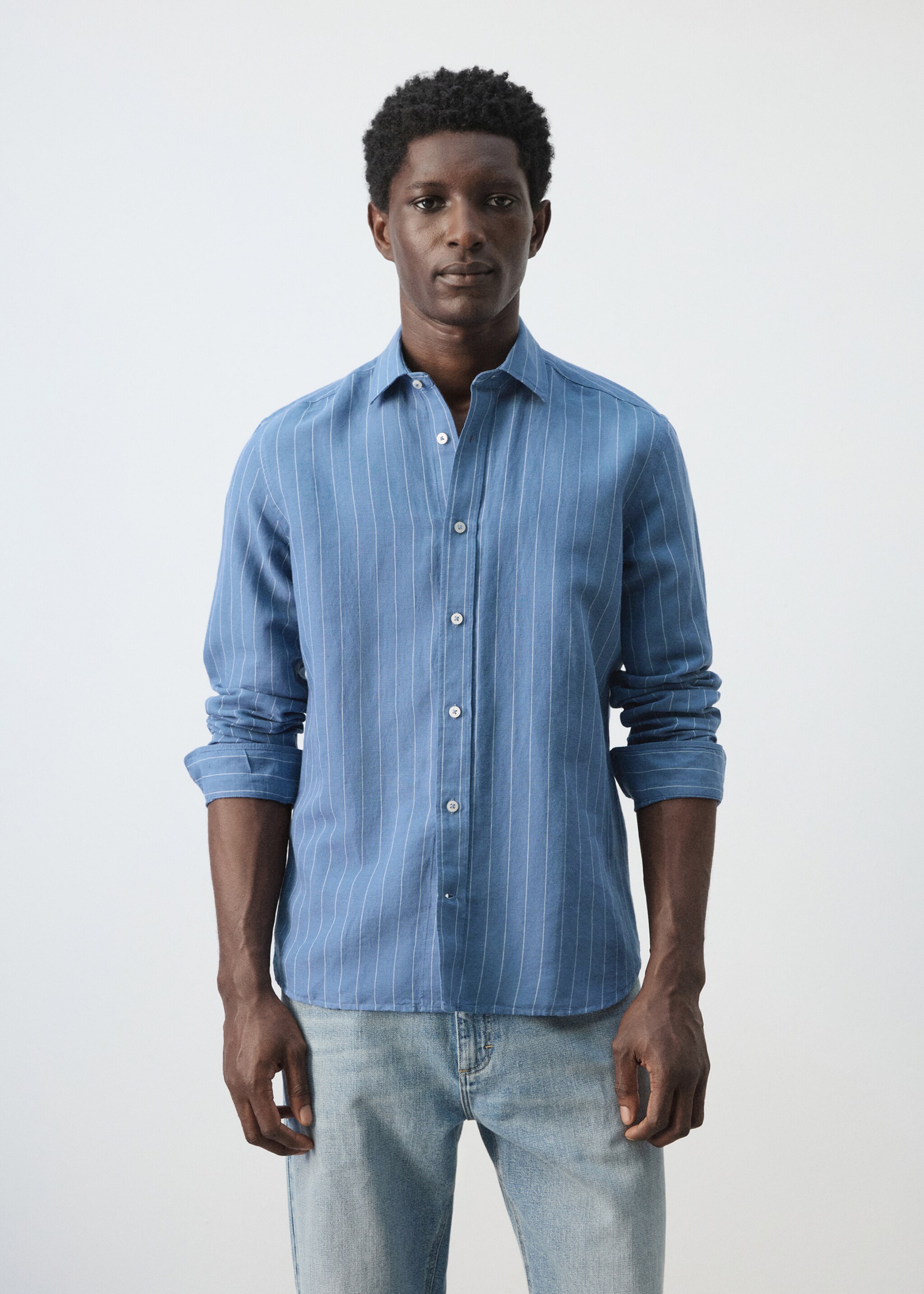 Regular-fit striped cotton-linen shirt - Medium plane, Ink Blue. Ref: 27055941-00.