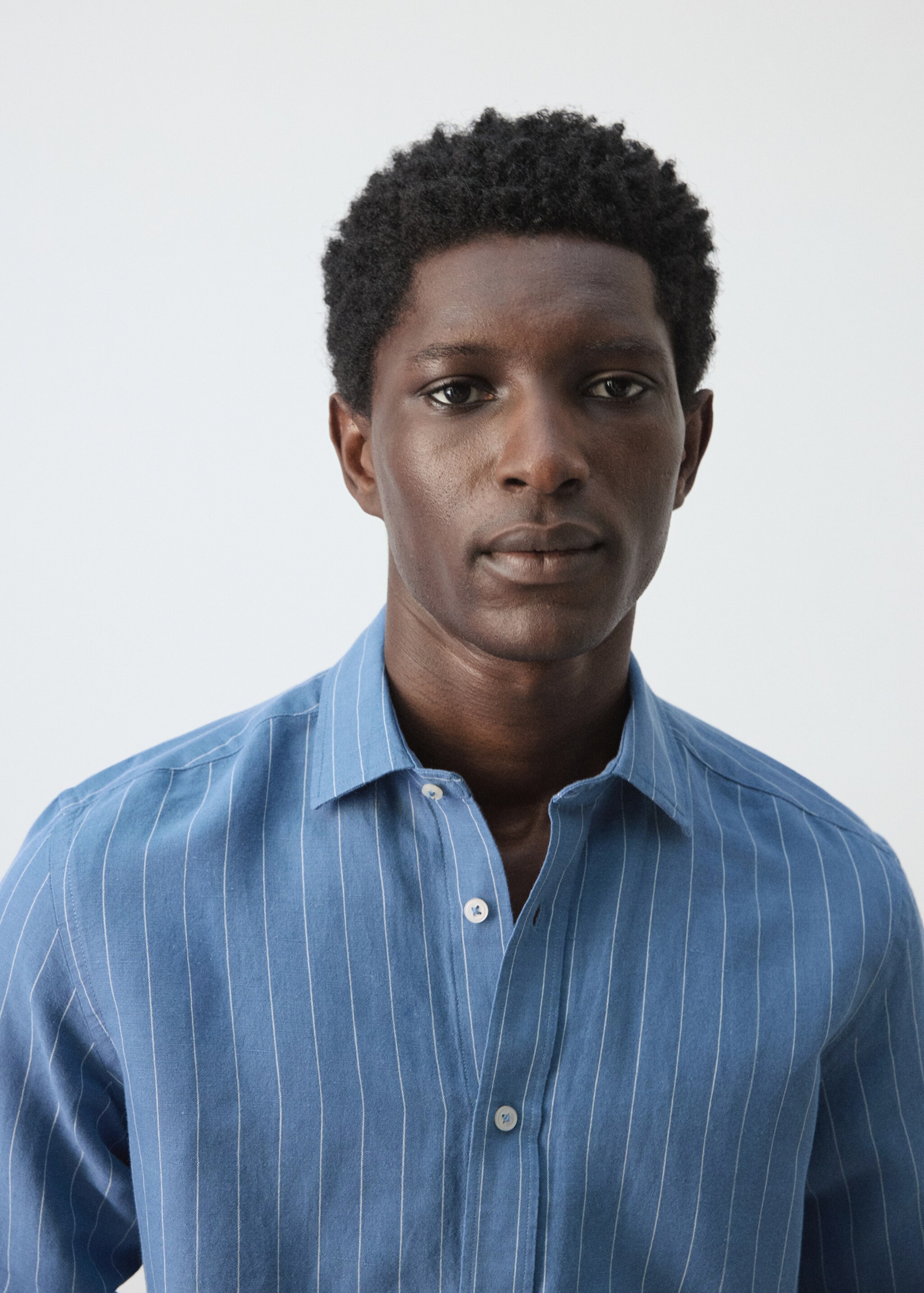 Regular-fit striped cotton-linen shirt - Details of the article 1, Ink Blue. Ref: 27055941-00.