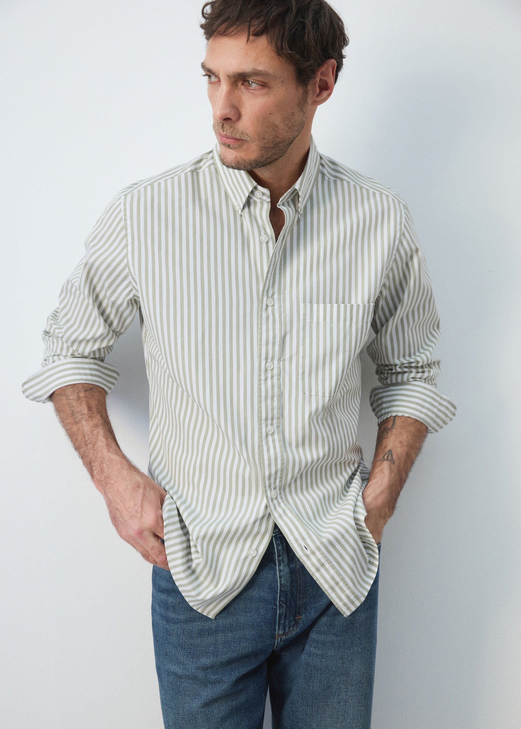 Camisa regular fit 100% algodón rayas - Detalle del artículo 6, Verde pastel. Ref: 27055945-00.