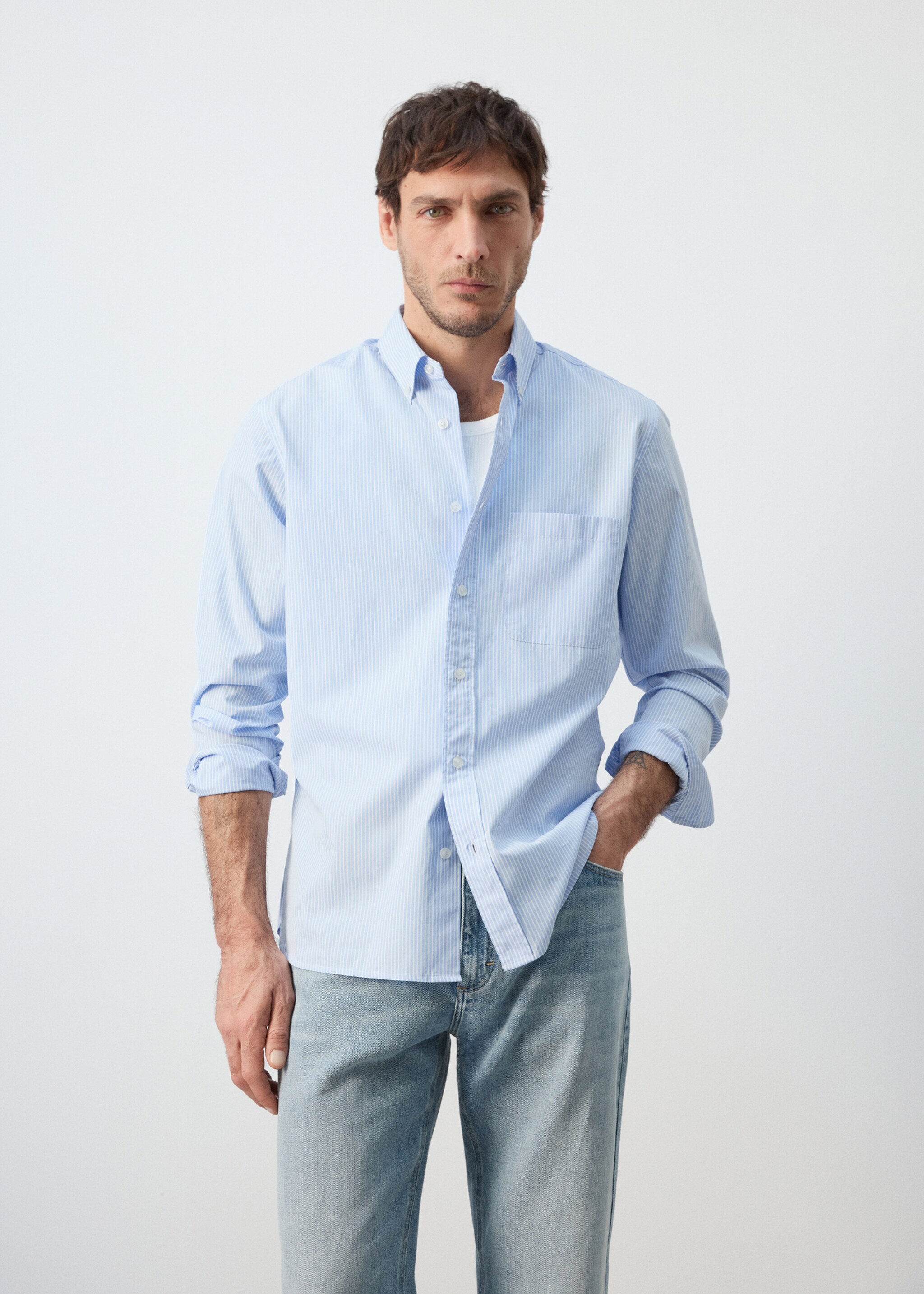 Regular-fit striped 100% cotton shirt - Medium plane, Sky Blue. Ref: 27055945-00.